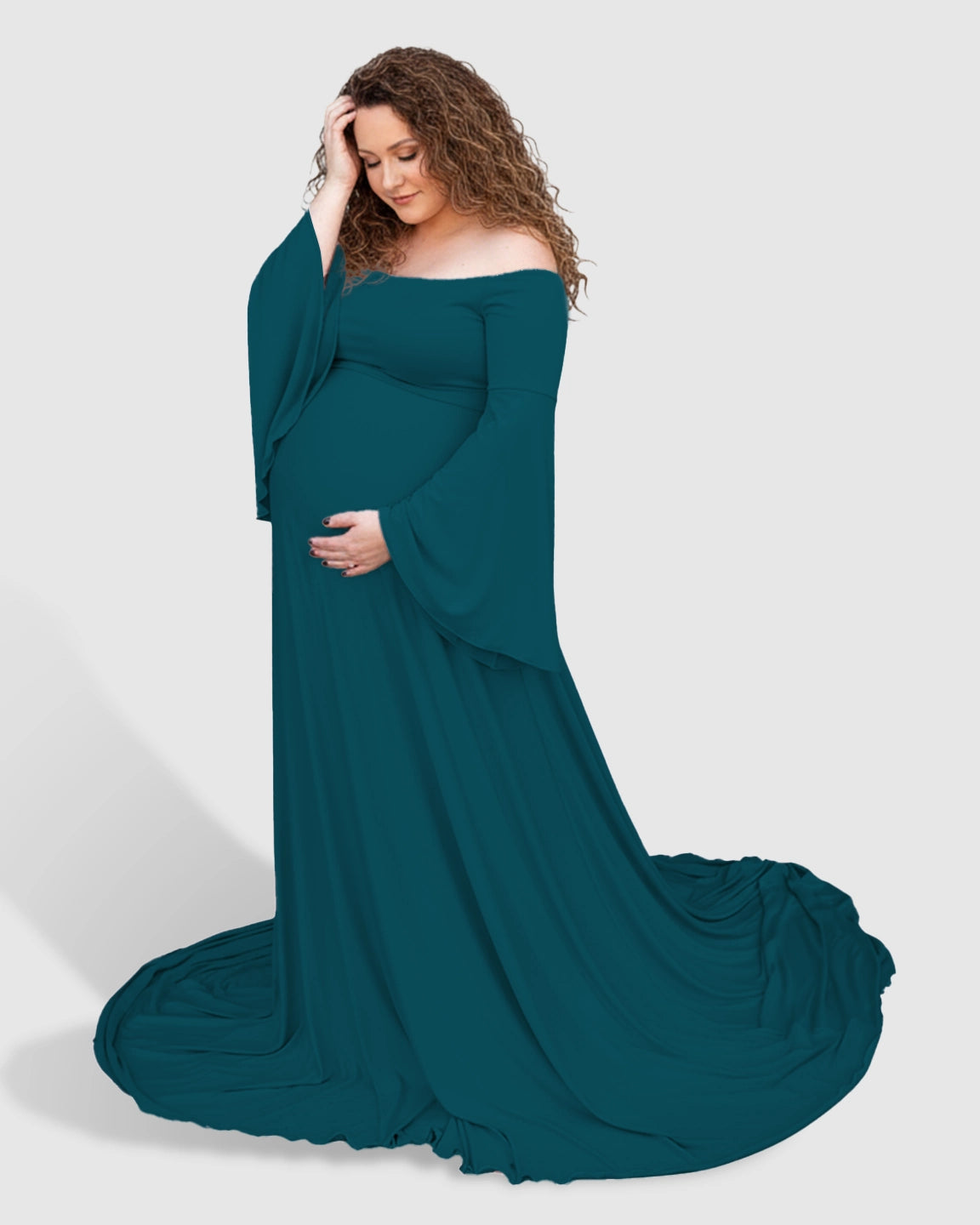 Off-Shoulder Bell Sleeve Boho Maternity Photoshoot Maxi Dress