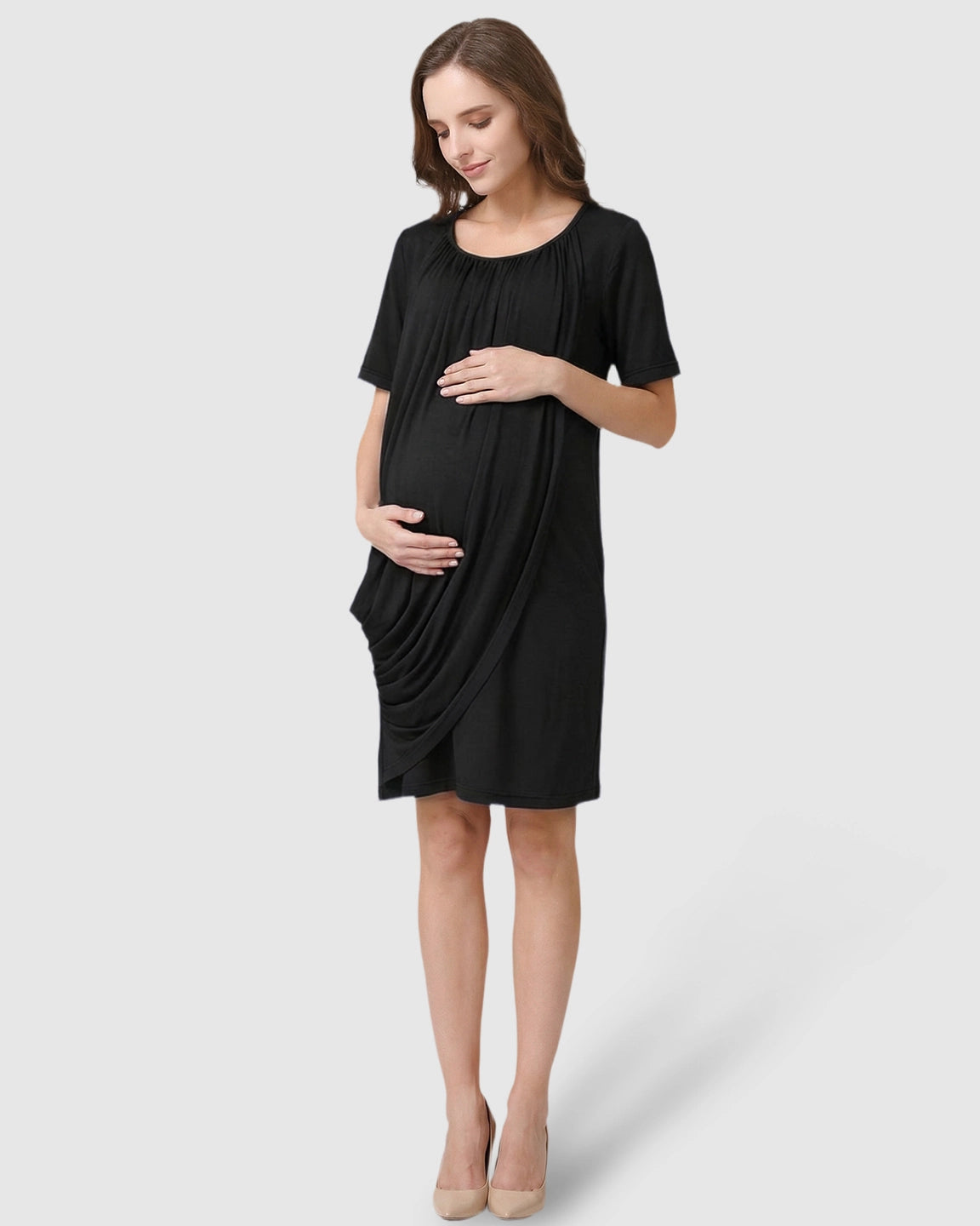 Hidden Nursing Access Draped Maternity Short Dress