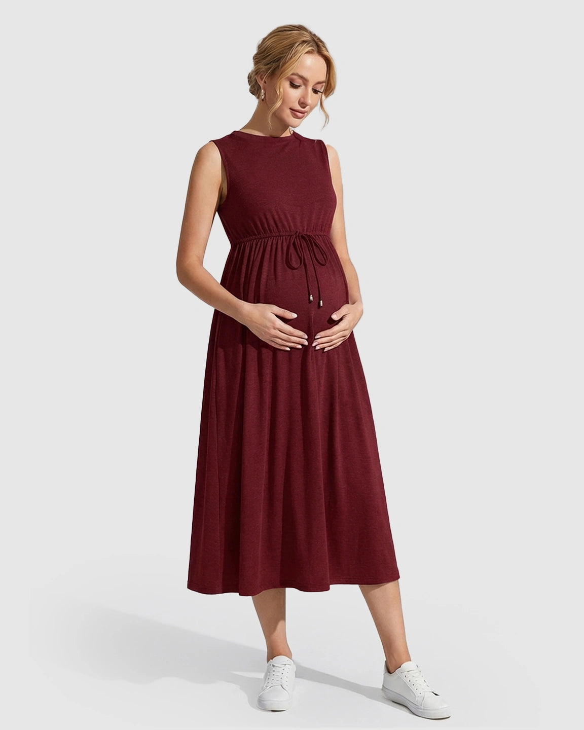 Drawstring Waist Sleeveless Maternity Midi Dress