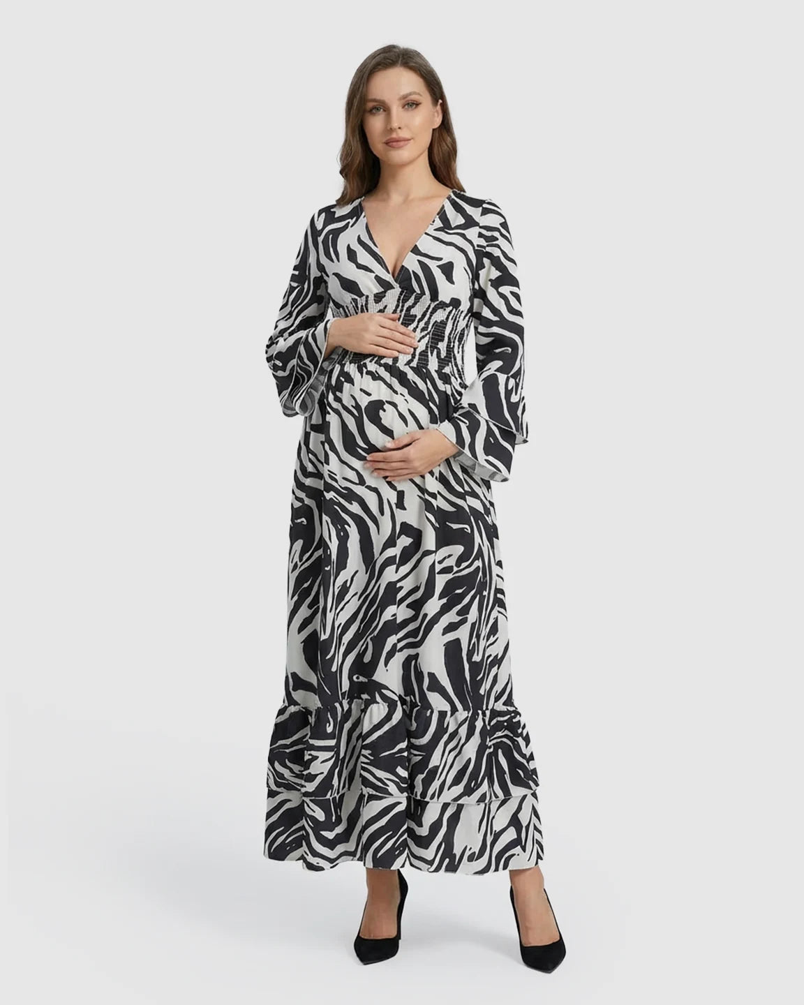 Geometric Pattern Smocked Mid-Waist Maternity Maxi Dress