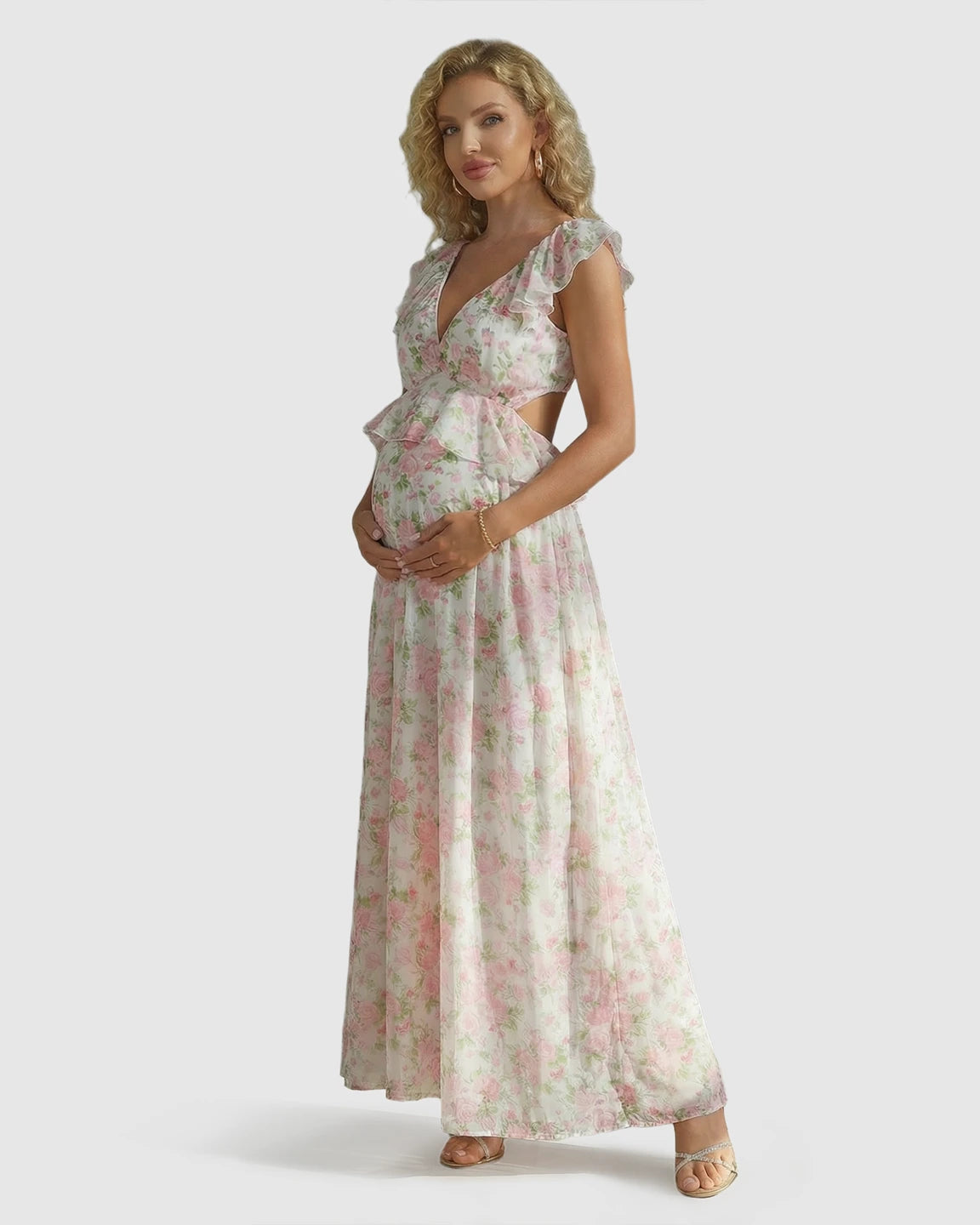 Ruffle Cap Sleeve Romantic Floral Maternity Photoshoot Dress