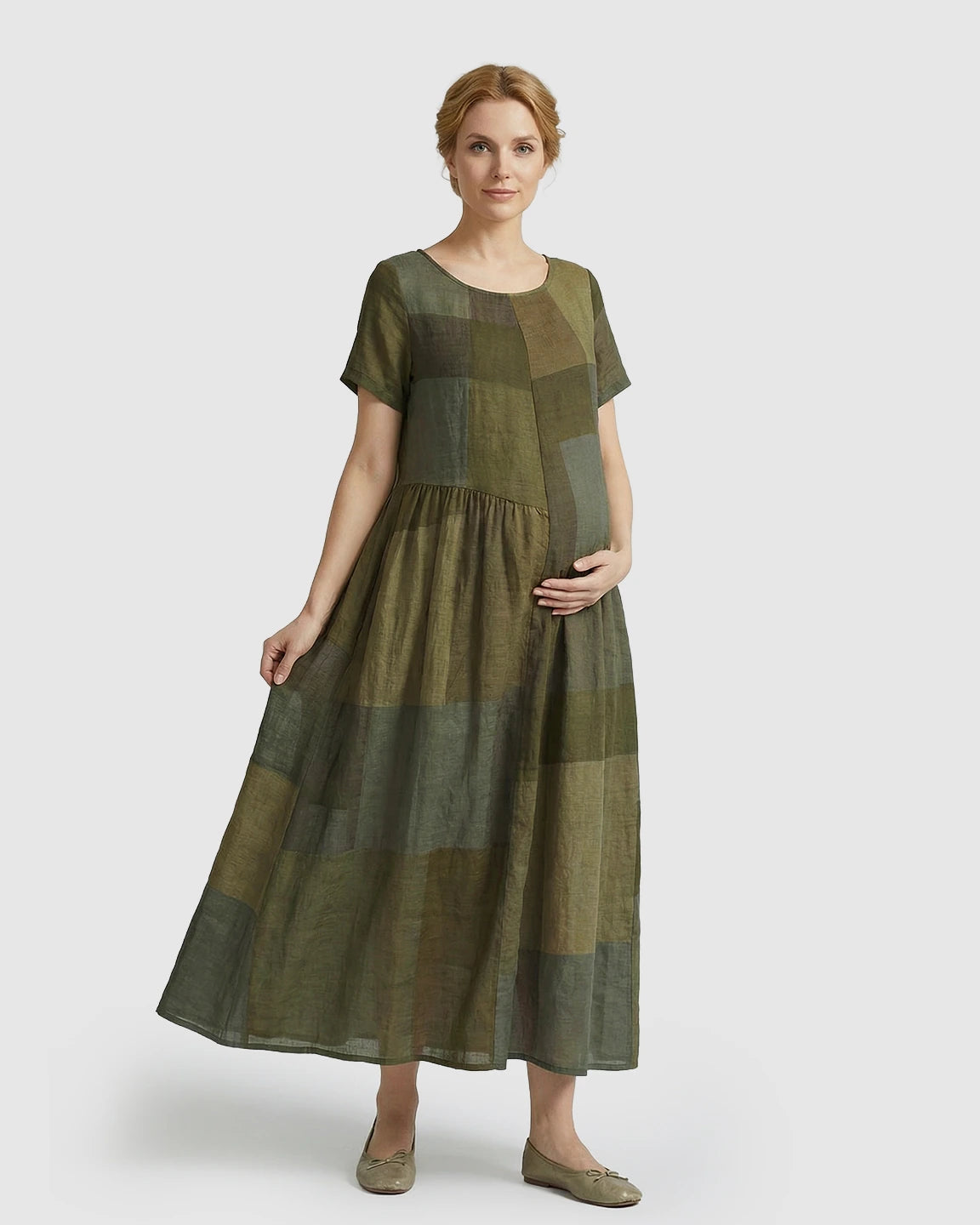 Pocketed Plaid Loose Maternity Maxi Dress