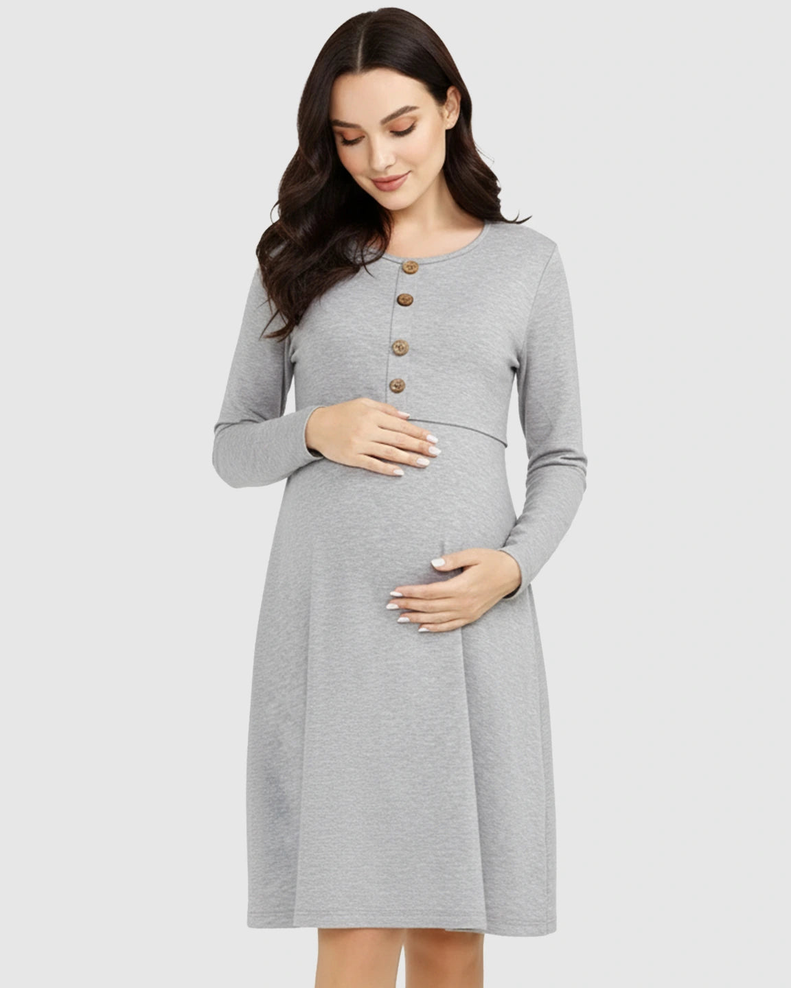 Button-Front Empire Waist Long Sleeve Nursing Dress