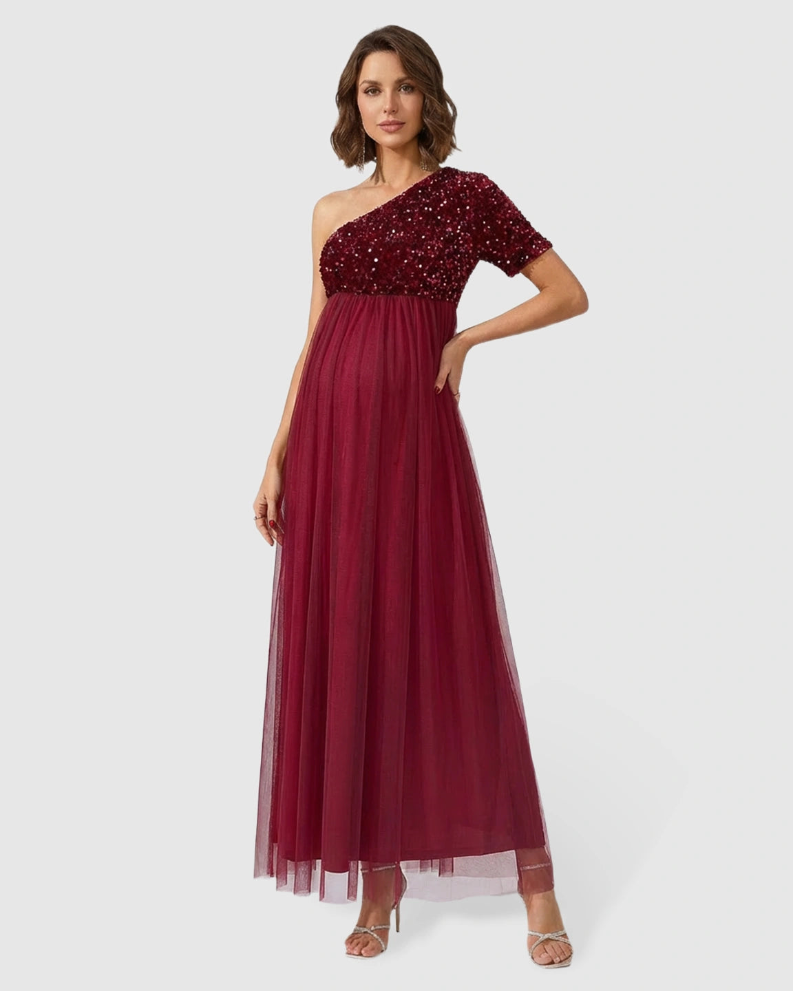 Sequin One-Shoulder Elegant Maternity Maxi Dress