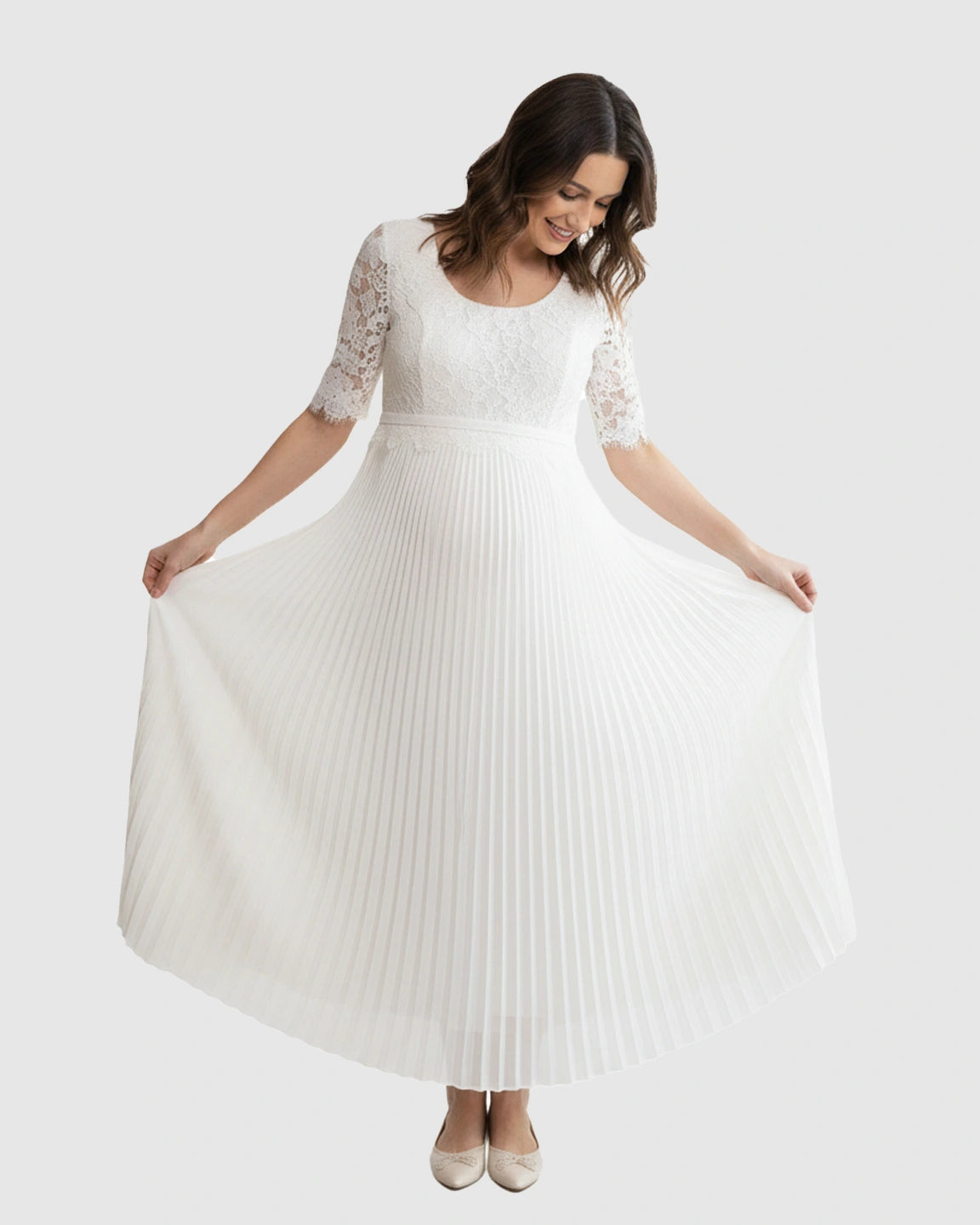 Lace-Sleeve Pleated Maternity Maxi Dress