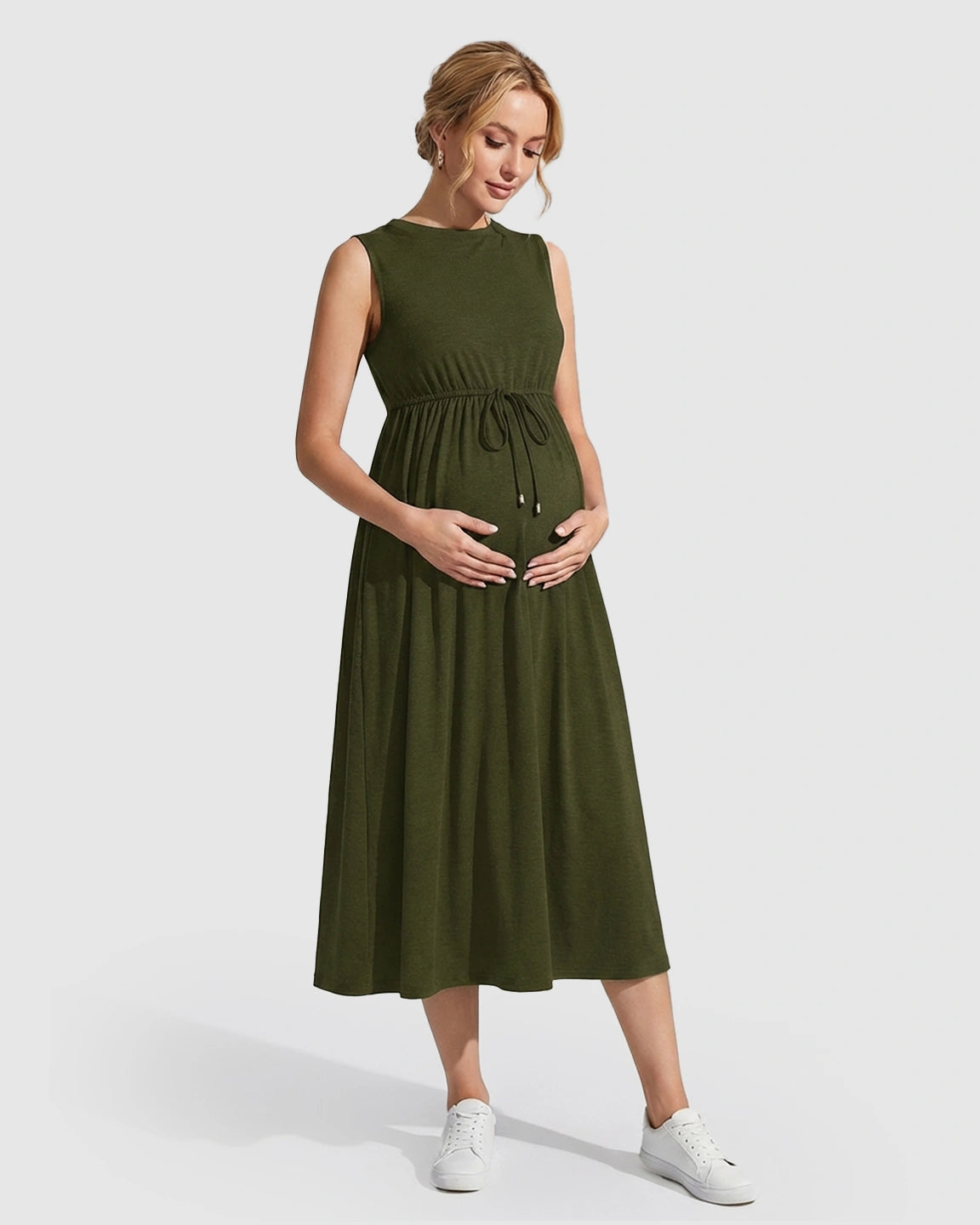 Drawstring Waist Sleeveless Maternity Midi Dress
