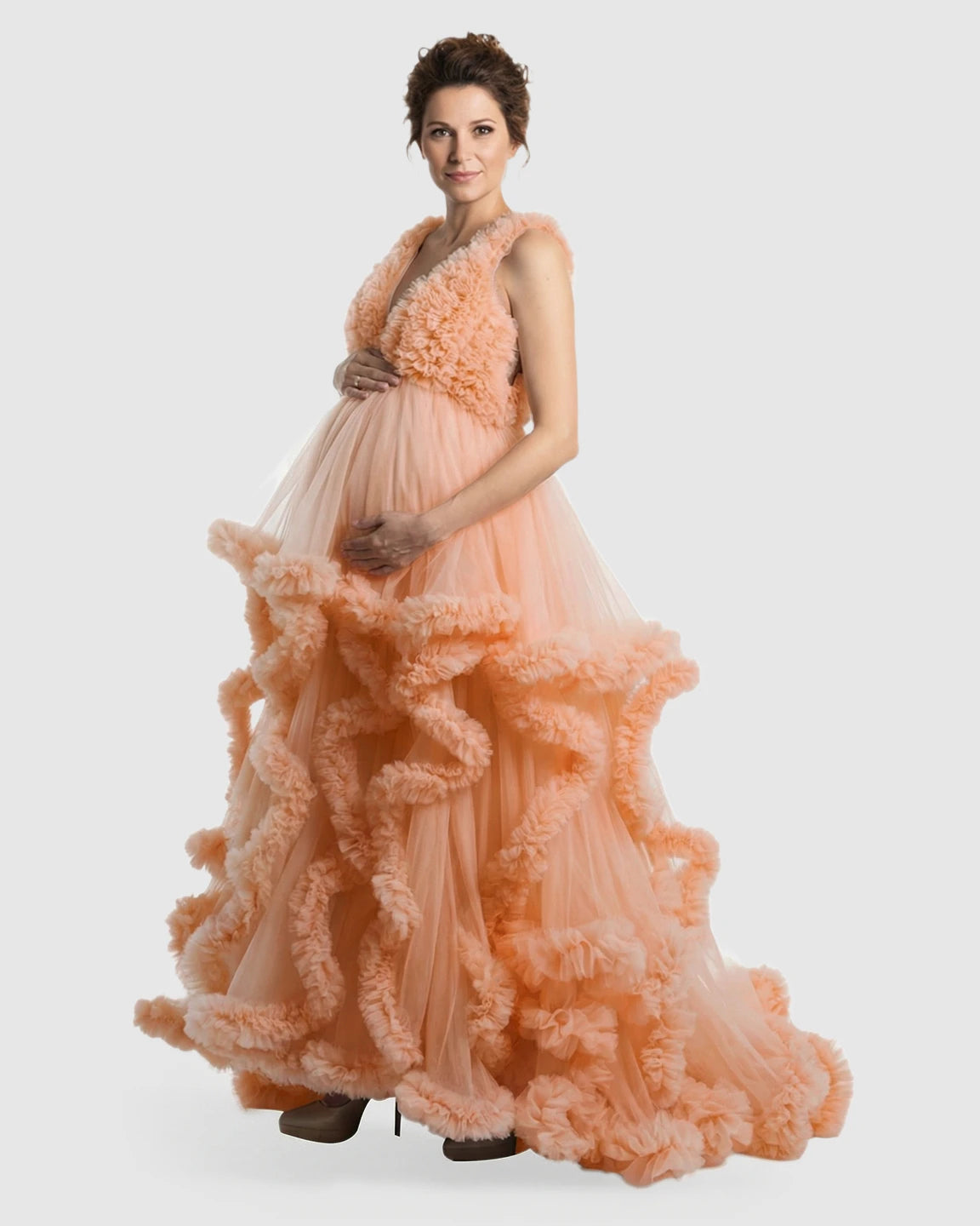 Ruffled Bodice Multi-Layer Mesh Pleats Maternity Gown