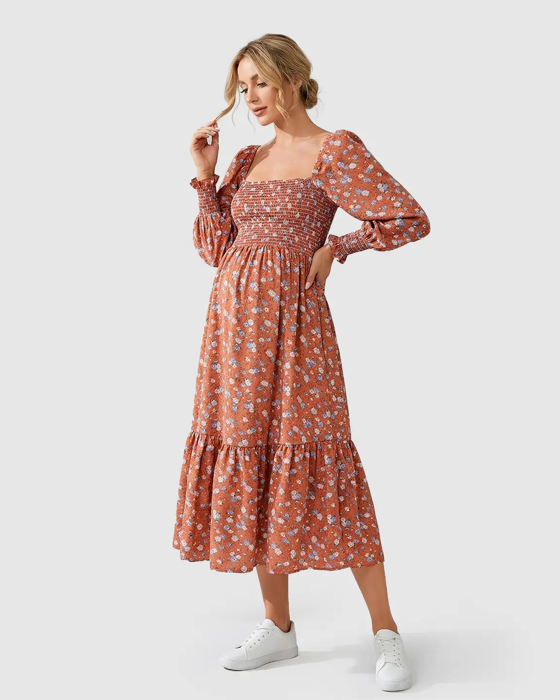 Smocked Bodice Boho Maternity Midi Dress