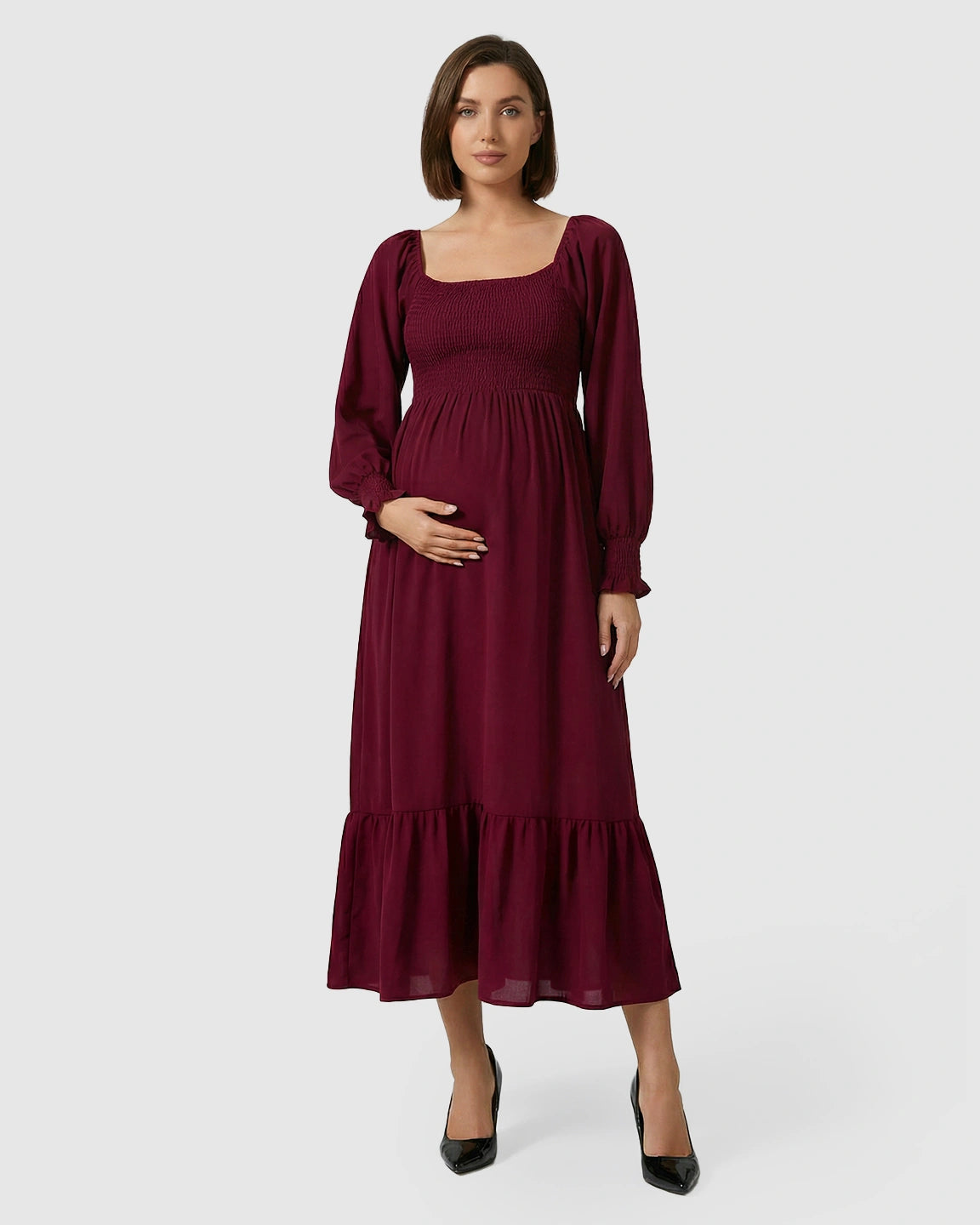 Smocked Square Neck Ruffled Hem Maternity Maxi Dress