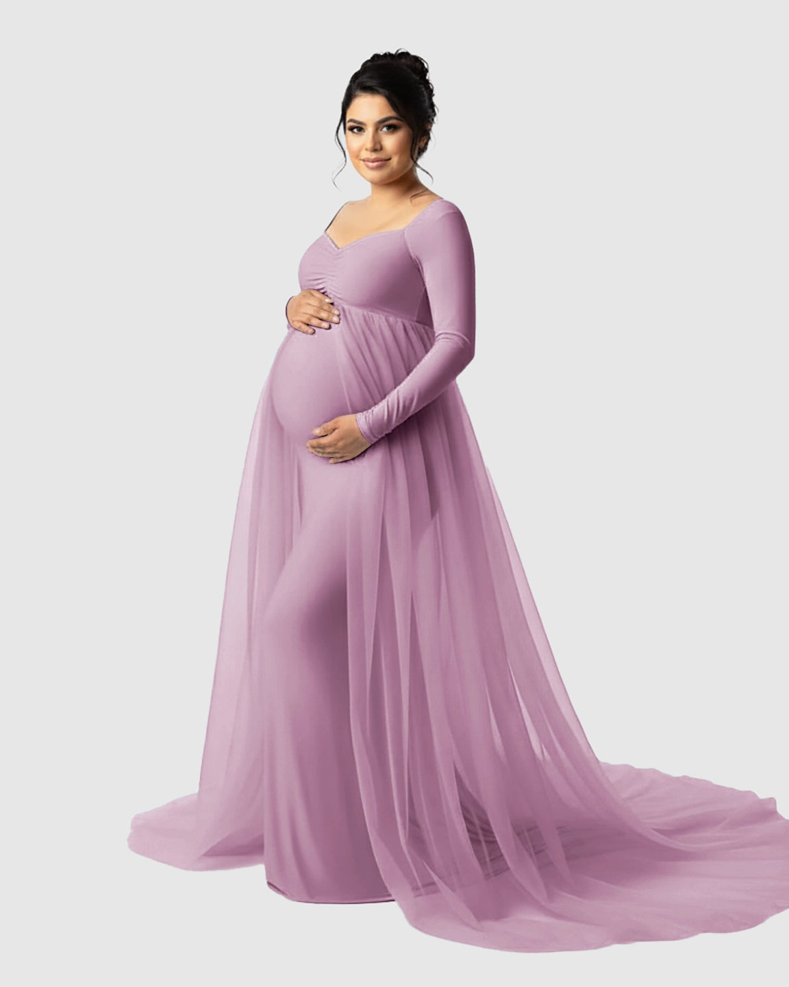 Sheer Mesh Flowy Train Maternity Maxi Dress