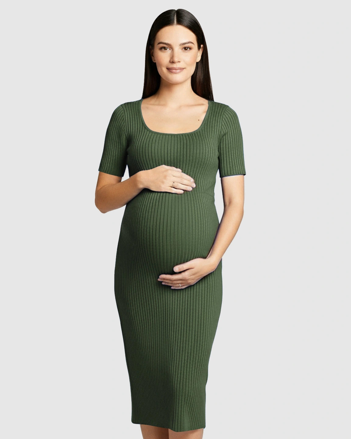 Ribbed Knit Square Neck Bodycon Maternity Midi Dress