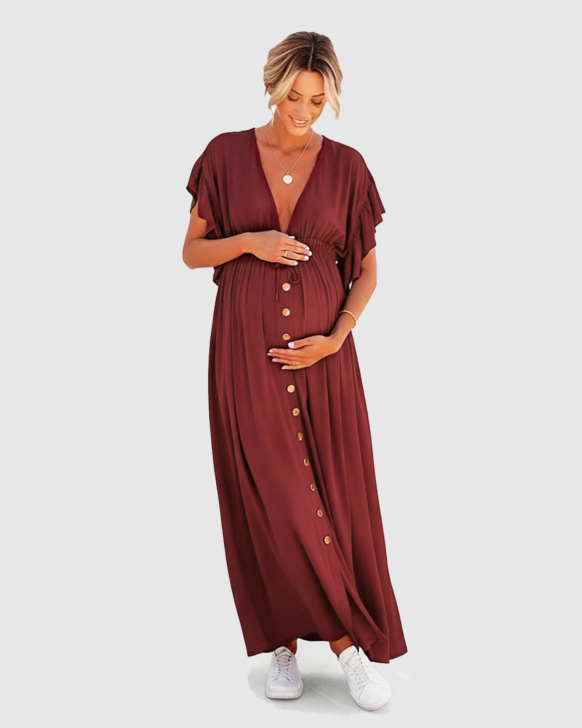 Button-Front Deep V Neck Maxi Beach Cover-Up Dress