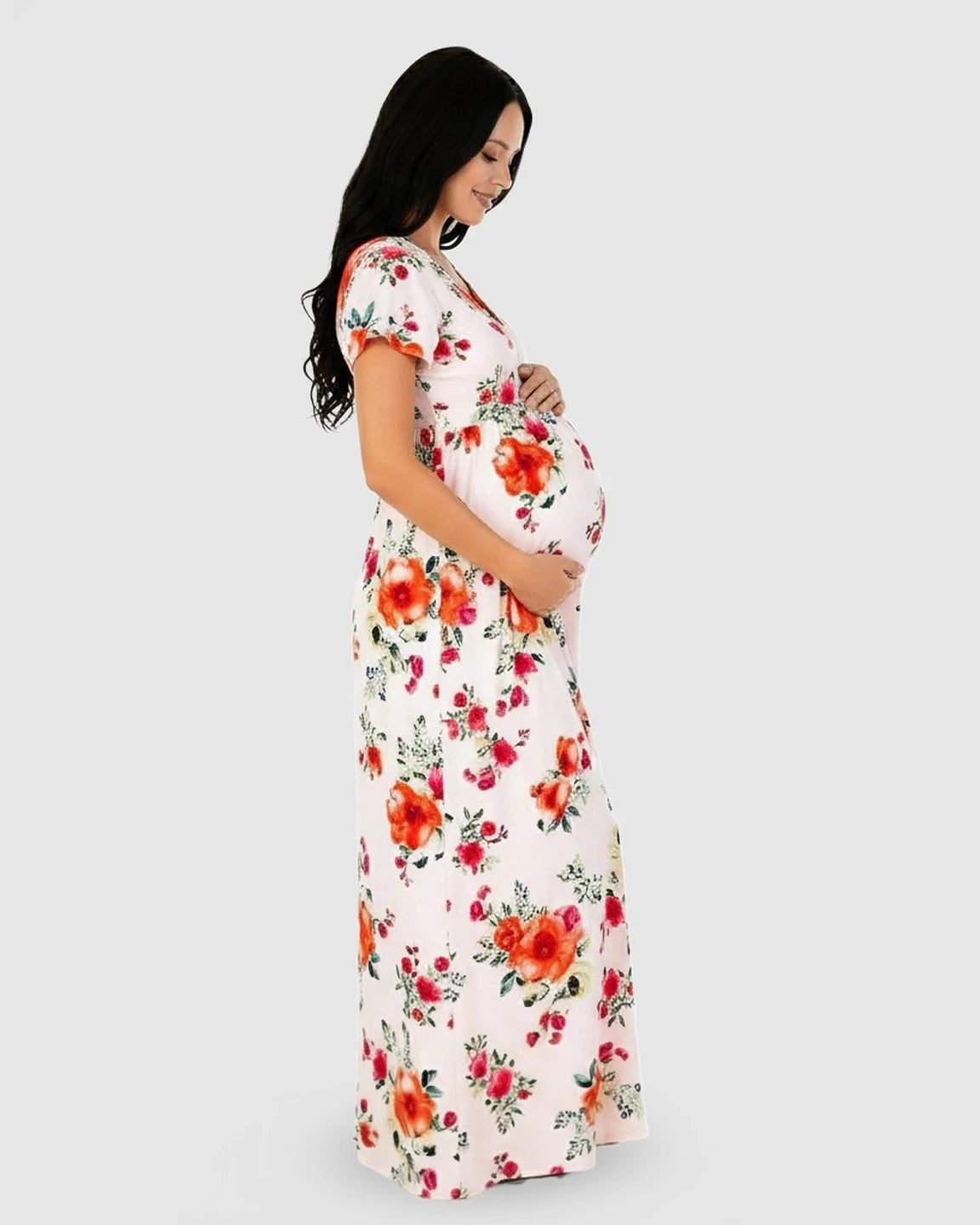 Floral V-Neck Short Sleeve Maternity Maxi Dress