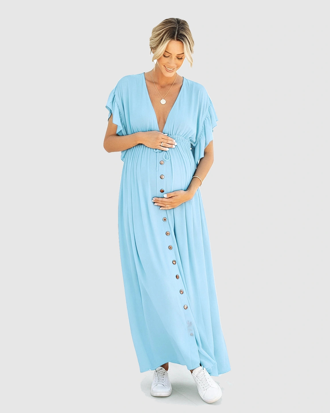 Button-Front Deep V Neck Maxi Beach Cover-Up Dress