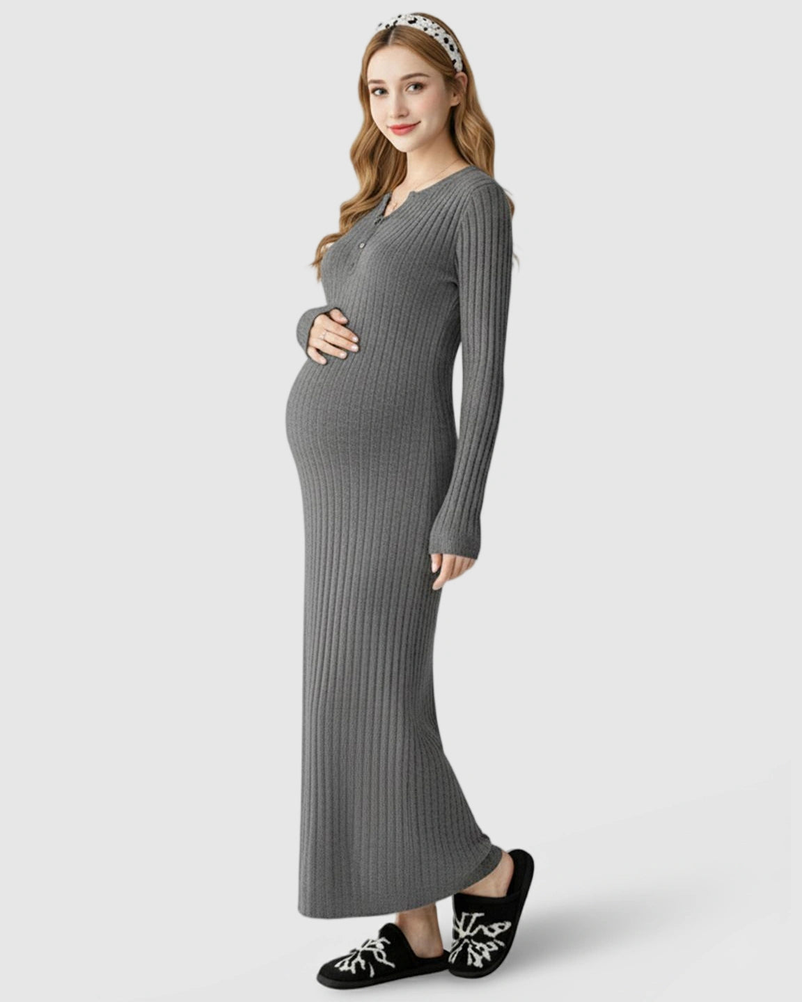 Ribbed Knit A-Line Long Sleeve Maternity Maxi Dress