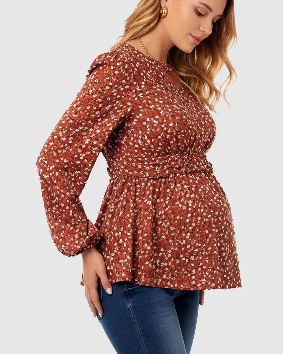 Floral Print Tie Waist Peplum Maternity Top
