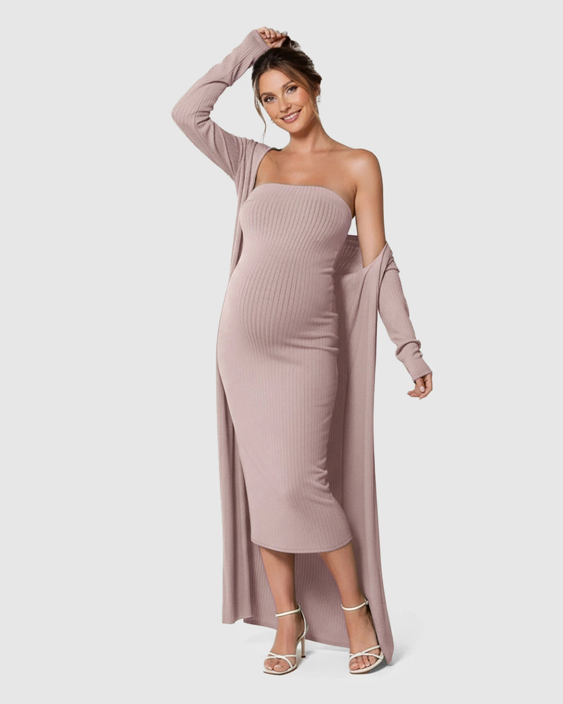 Elegant Ribbed Two-Piece Maternity Dress with Cardigan