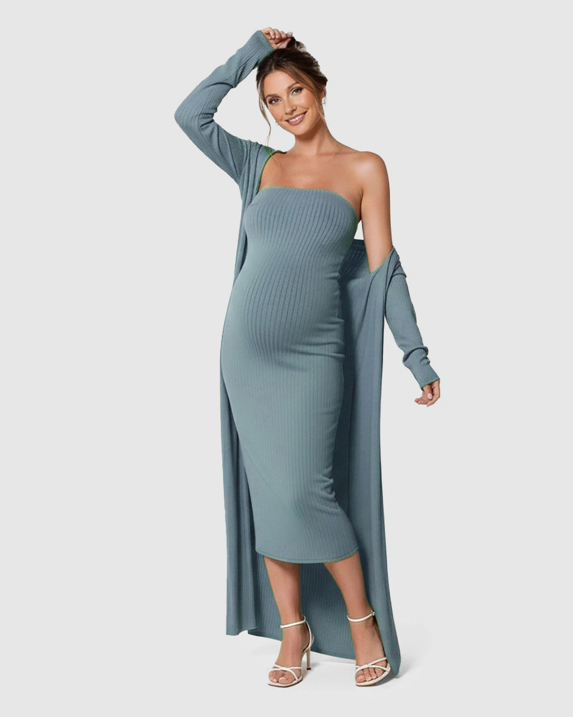 Elegant Ribbed Two-Piece Maternity Dress with Cardigan