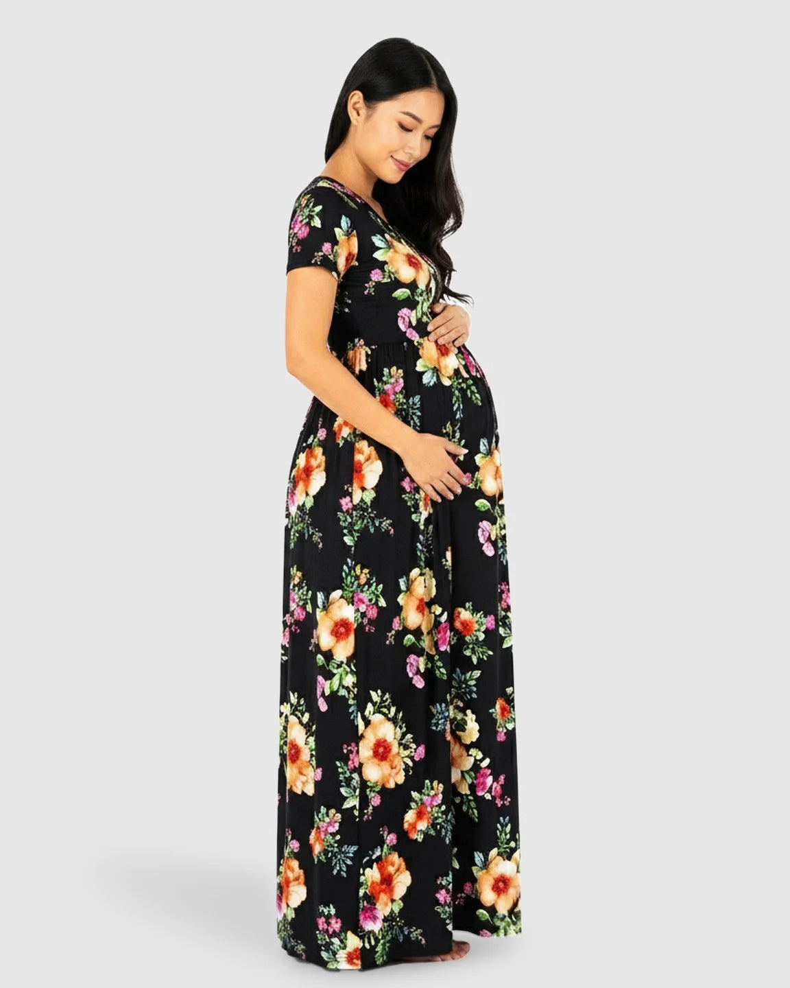Floral V-Neck Short Sleeve Maternity Maxi Dress