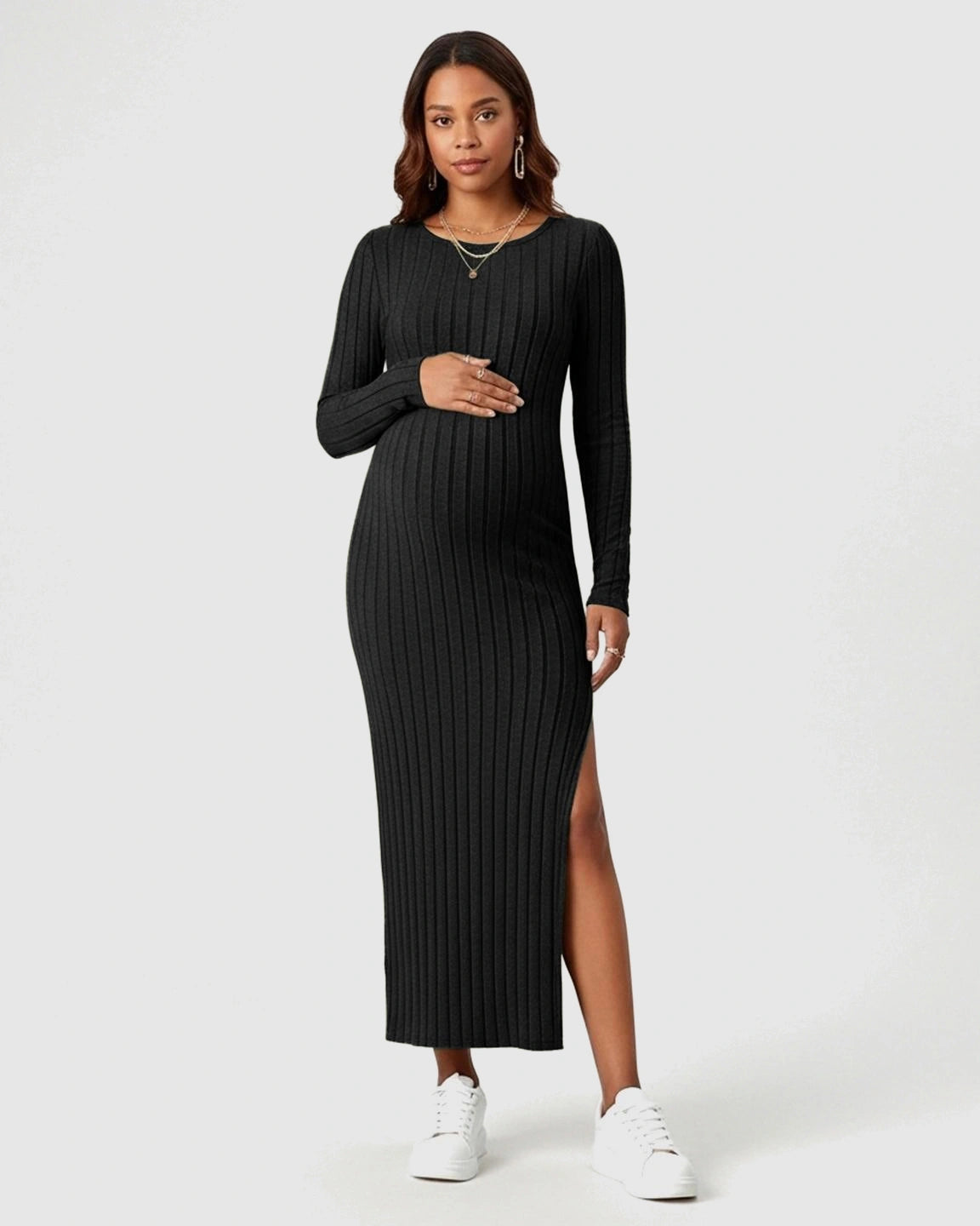 Ribbed Knit Maternity Maxi Dress with Side Slit