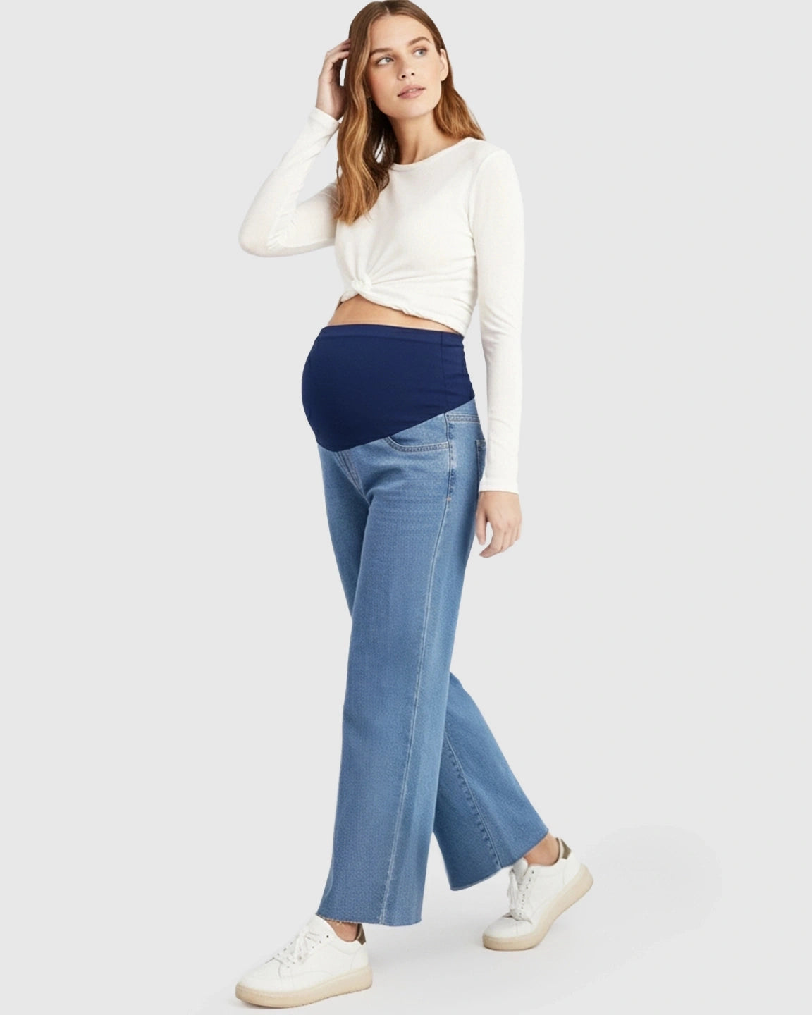 Raw Hem Loose Straight-Leg Maternity Jeans with Tummy Support