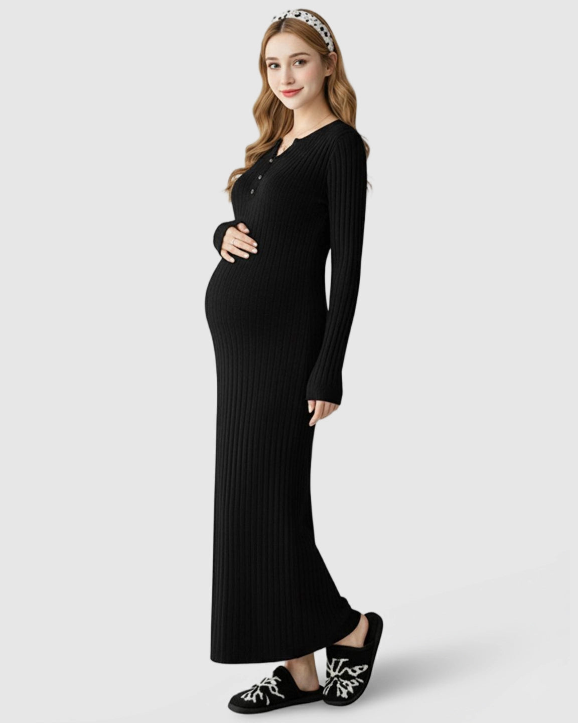 Ribbed Knit A-Line Long Sleeve Maternity Maxi Dress