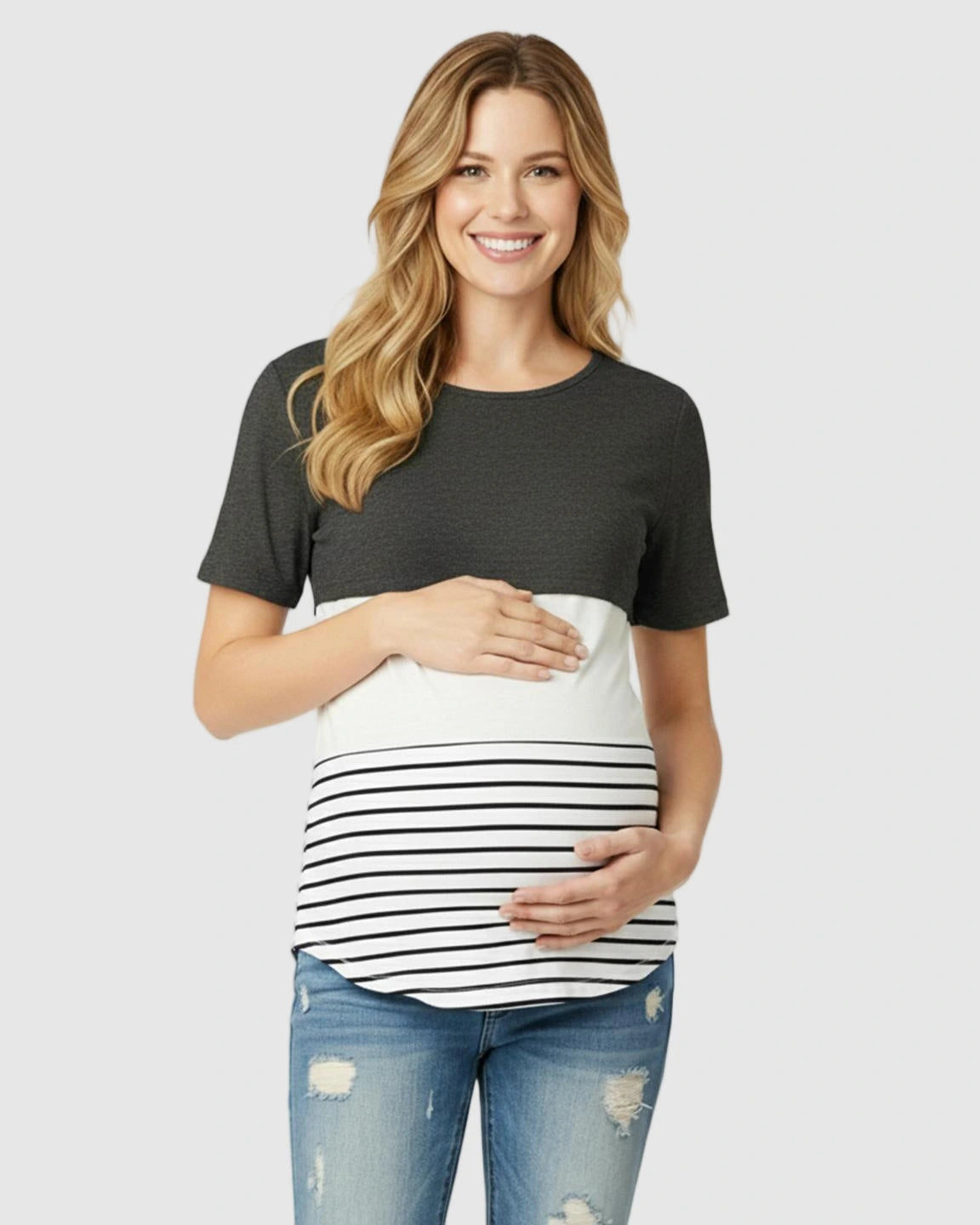 Hidden Nursing Access Colorblock Striped Maternity Top