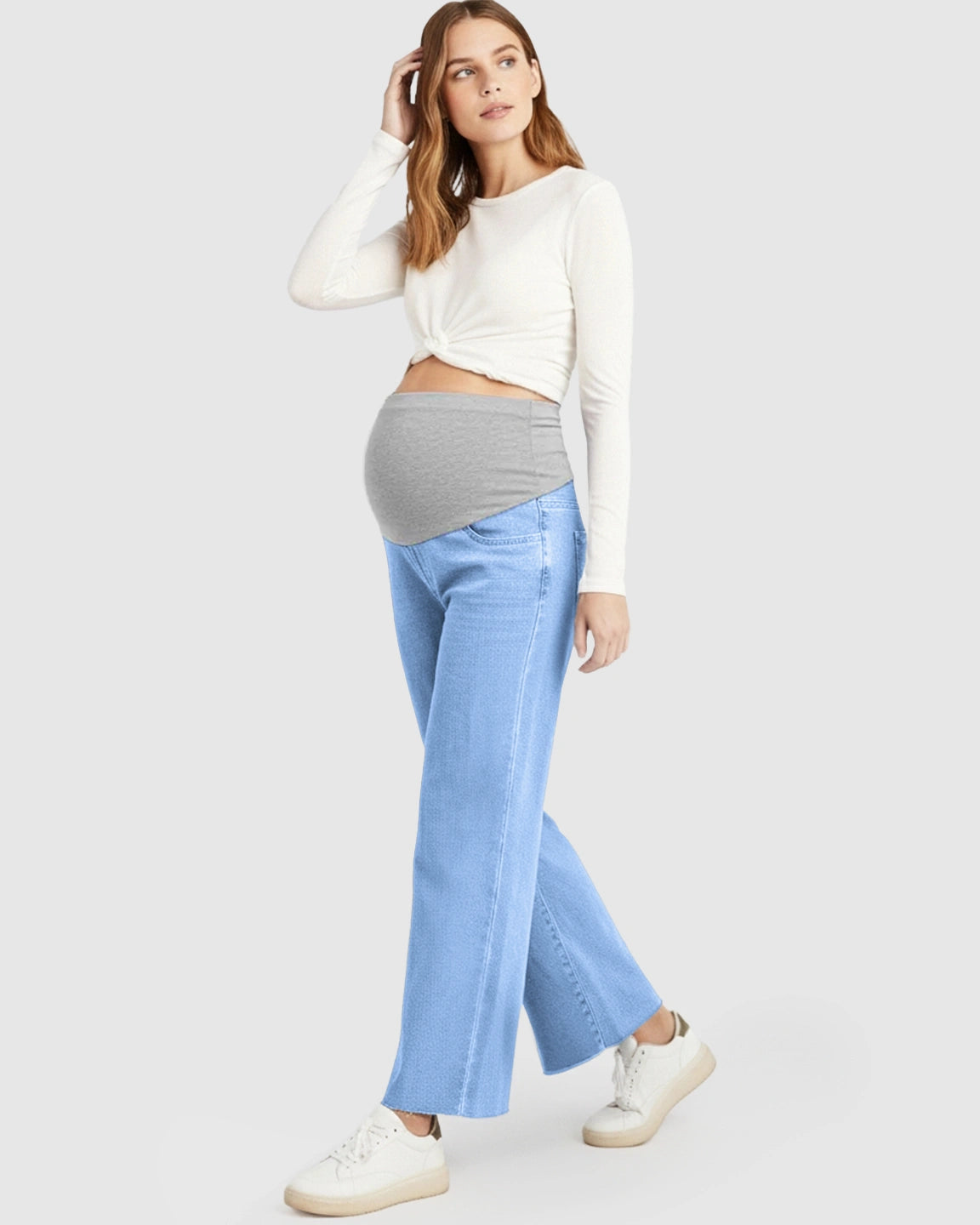 Raw Hem Loose Straight-Leg Maternity Jeans with Tummy Support