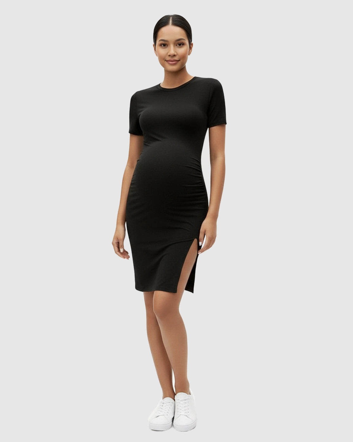 Short Sleeve Bodycon Maternity Midi Dress with Side Slit
