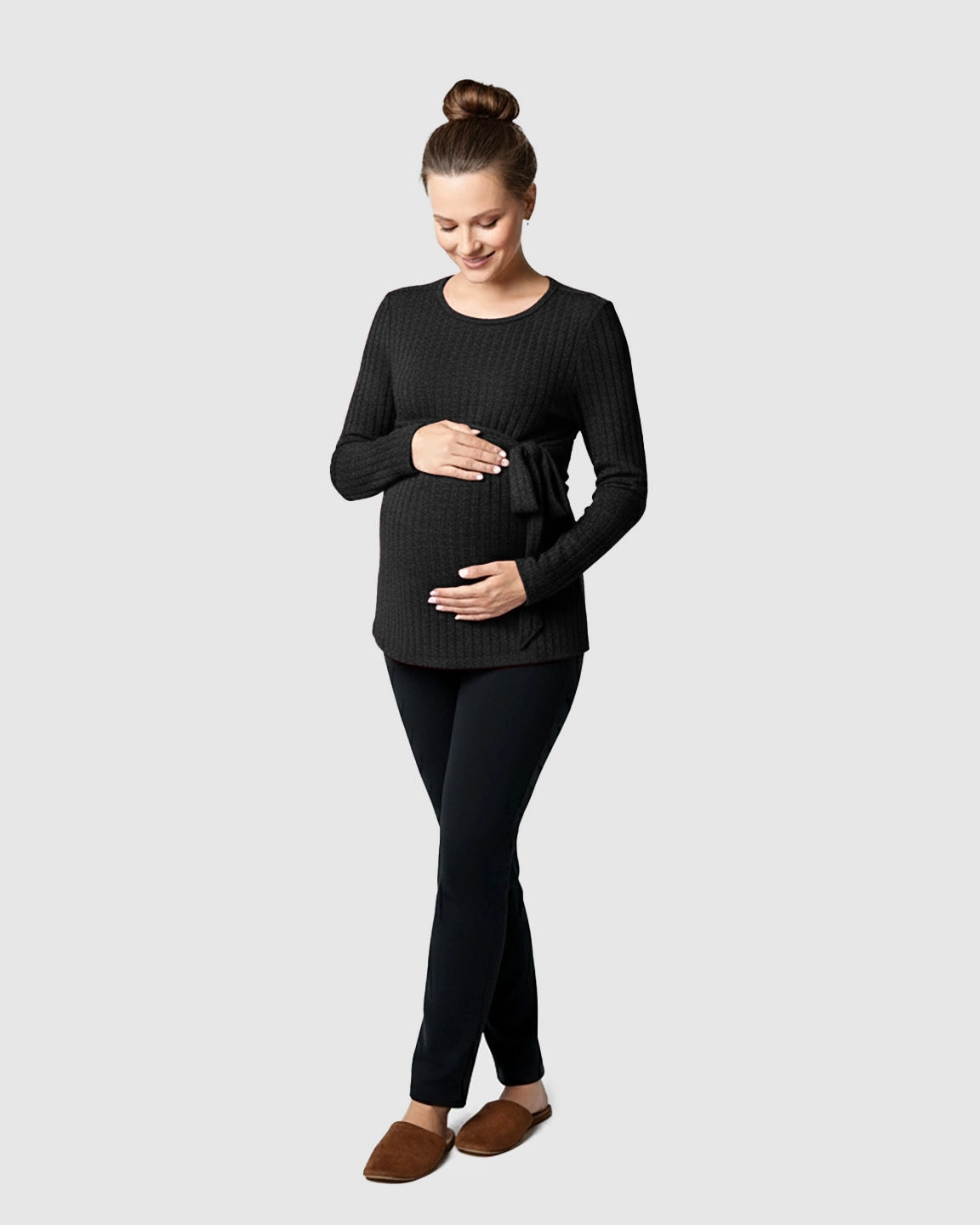 Ribbed Knit Tie-Waist Long Sleeve Maternity Top
