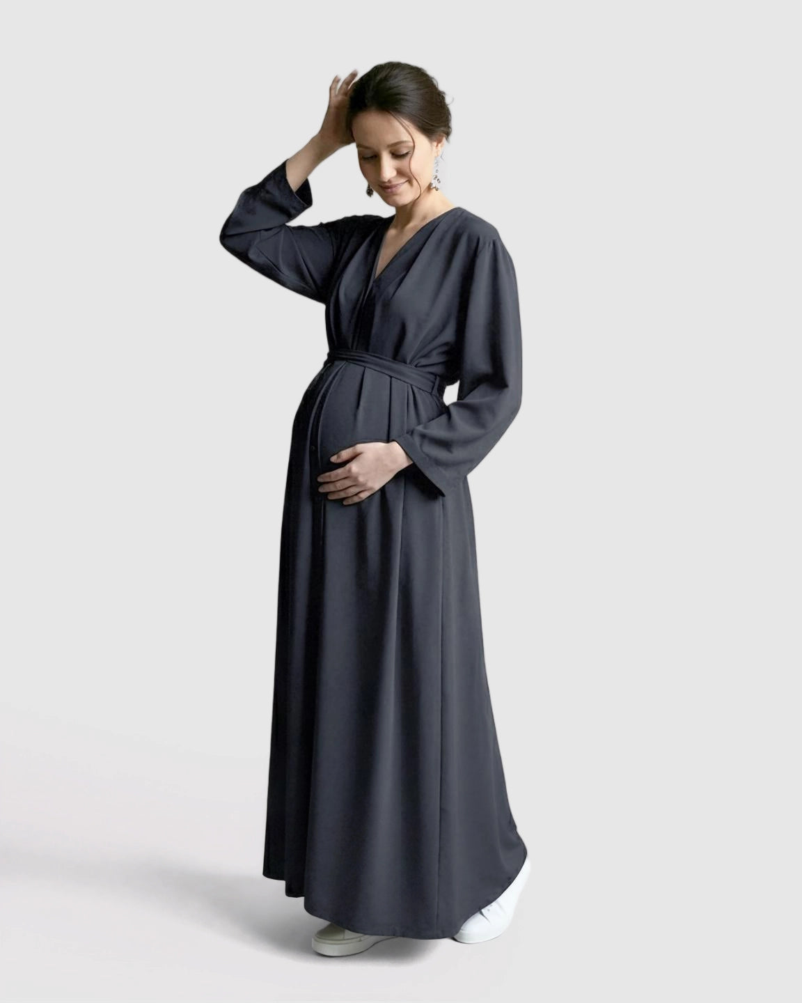 Long Sleeve V-Neck Maternity Maxi Dress with Adjustable Waist