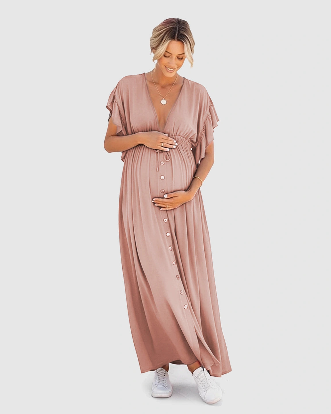 Button-Front Deep V Neck Maxi Beach Cover-Up Dress