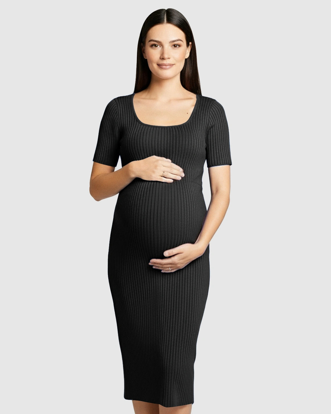 Ribbed Knit Square Neck Bodycon Maternity Midi Dress
