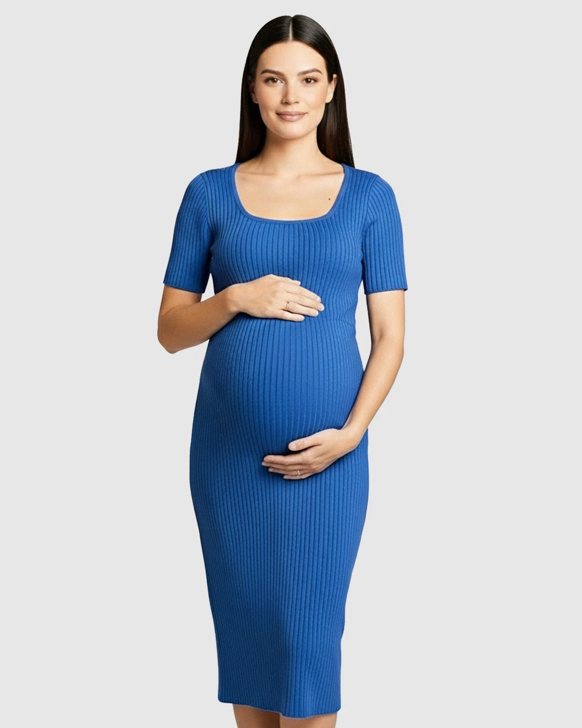Ribbed Knit Square Neck Bodycon Maternity Midi Dress
