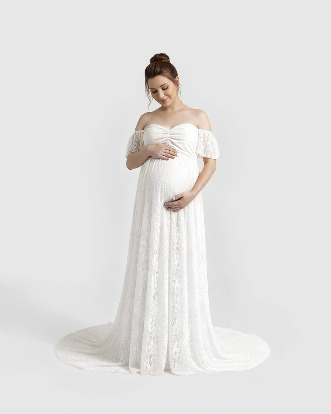 Off-Shoulder Flowing Lace Maternity Maxi Dress