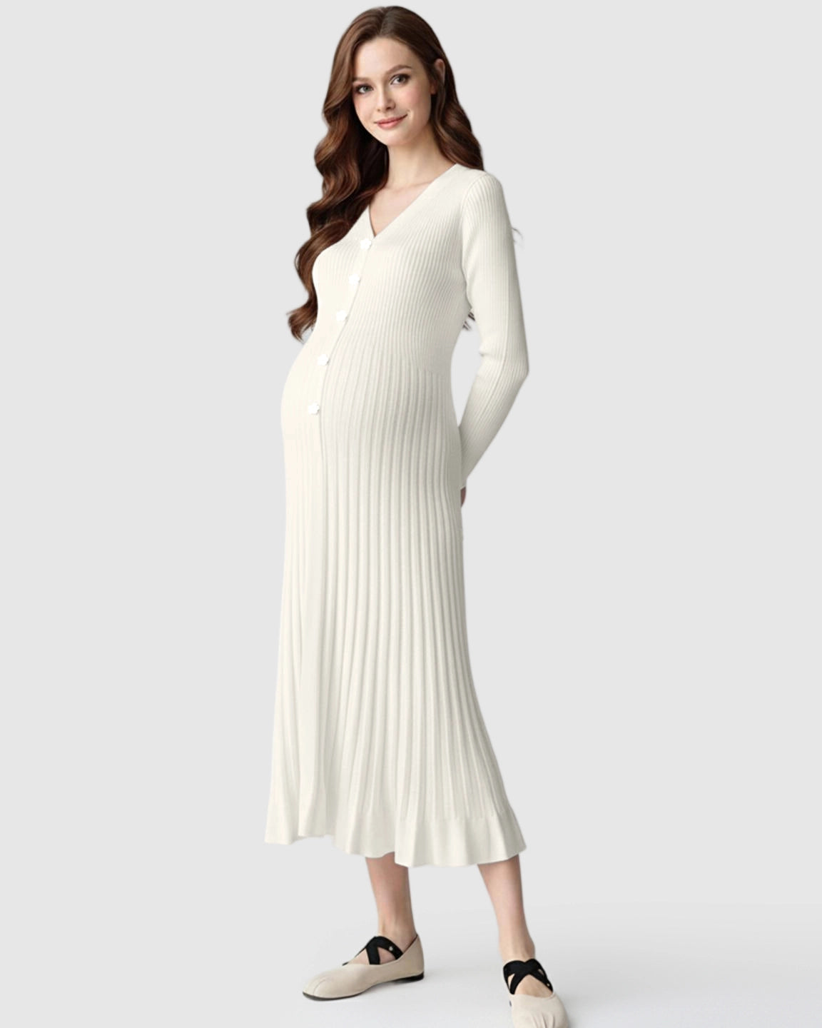 Ribbed Knit Long Sleeve Maternity Midi Dress