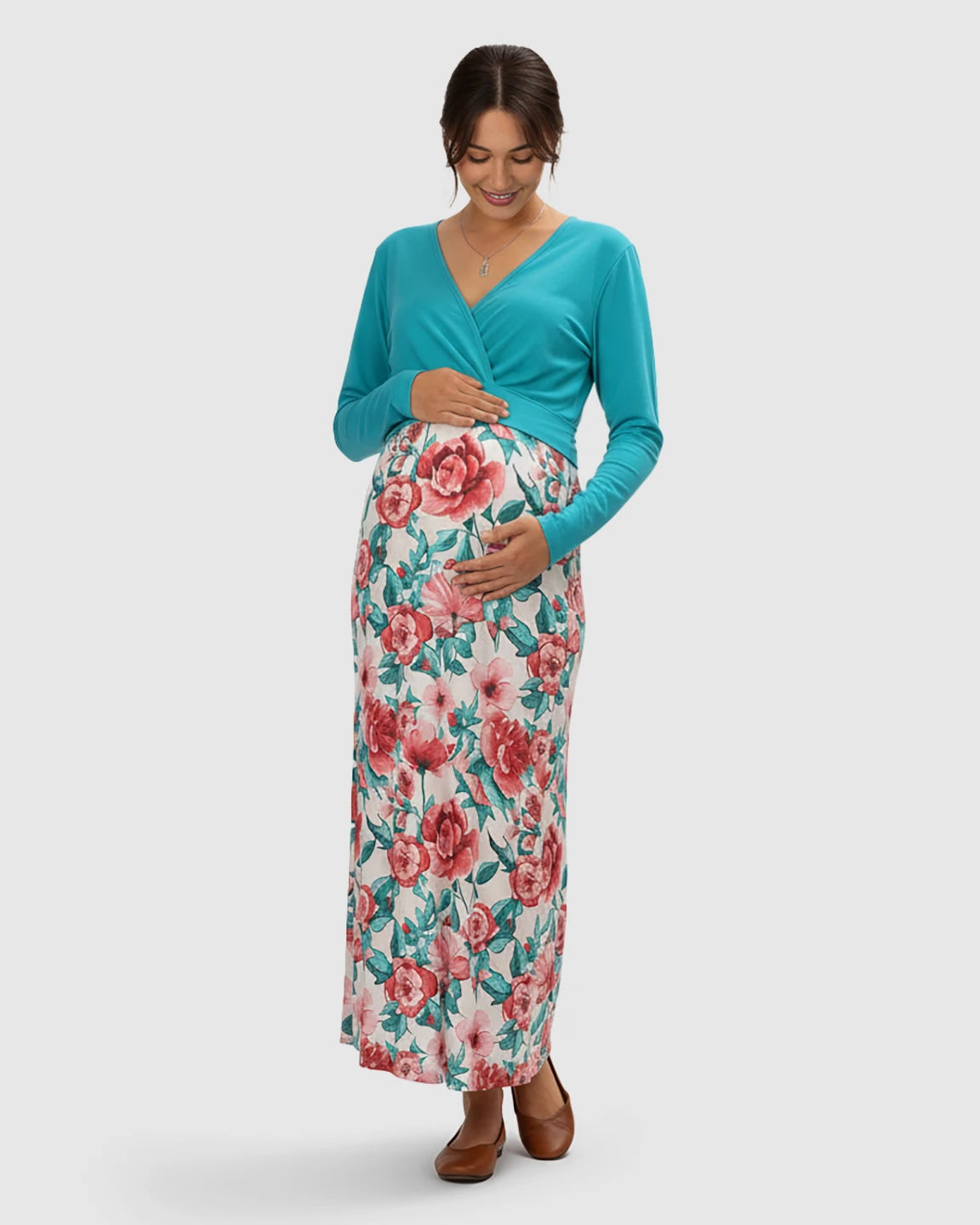V-Neck Floral Print Faux Two-Piece Maternity Maxi Dress