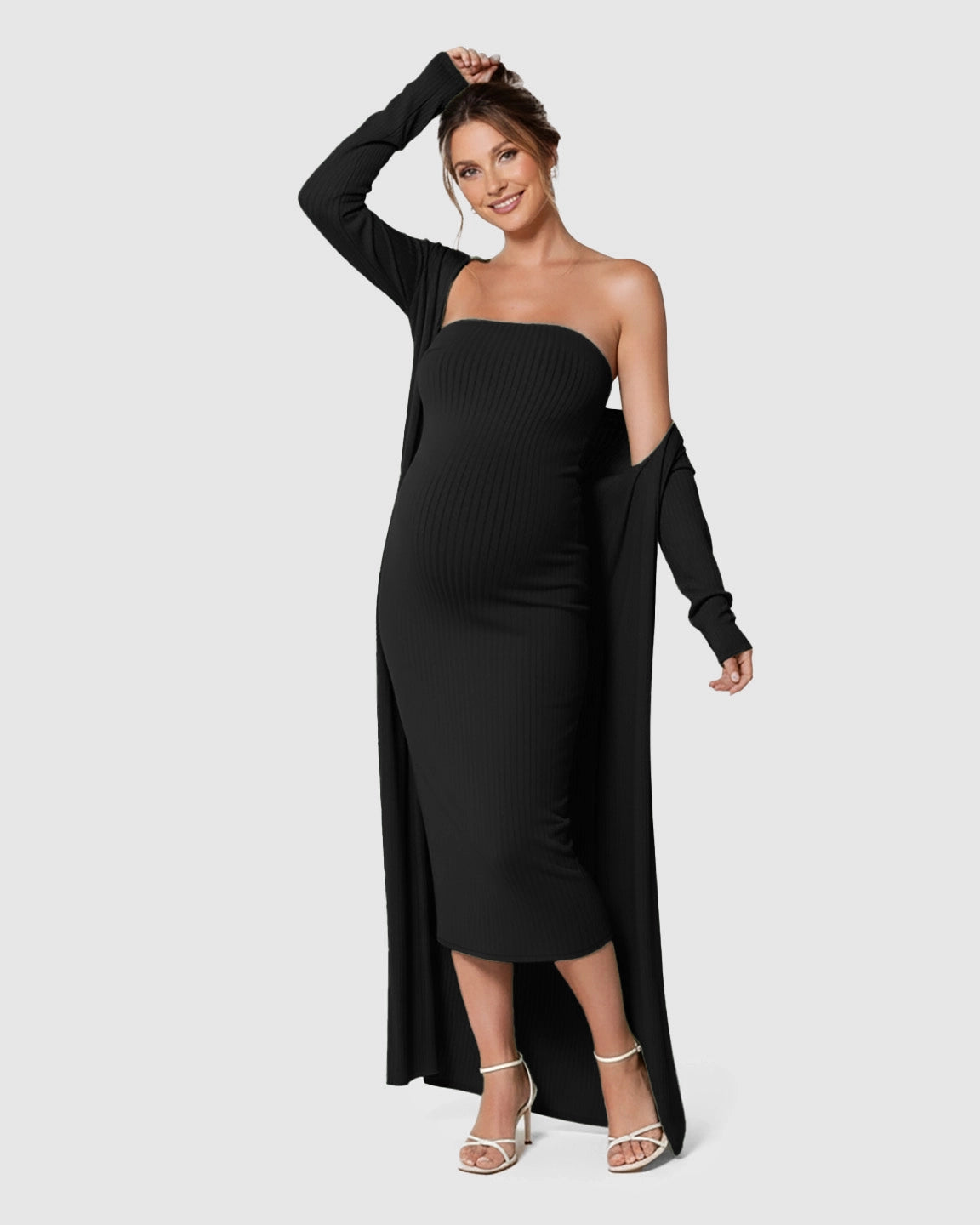 Elegant Ribbed Two-Piece Maternity Dress with Cardigan
