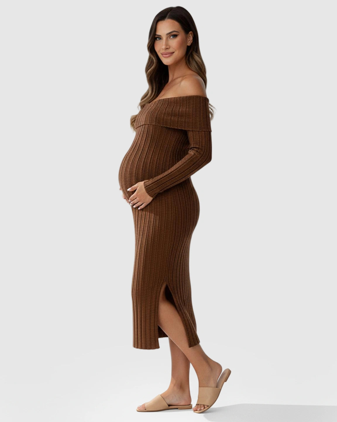 Ribbed Off-Shoulder Bodycon Maternity Midi Dress with Side Slit