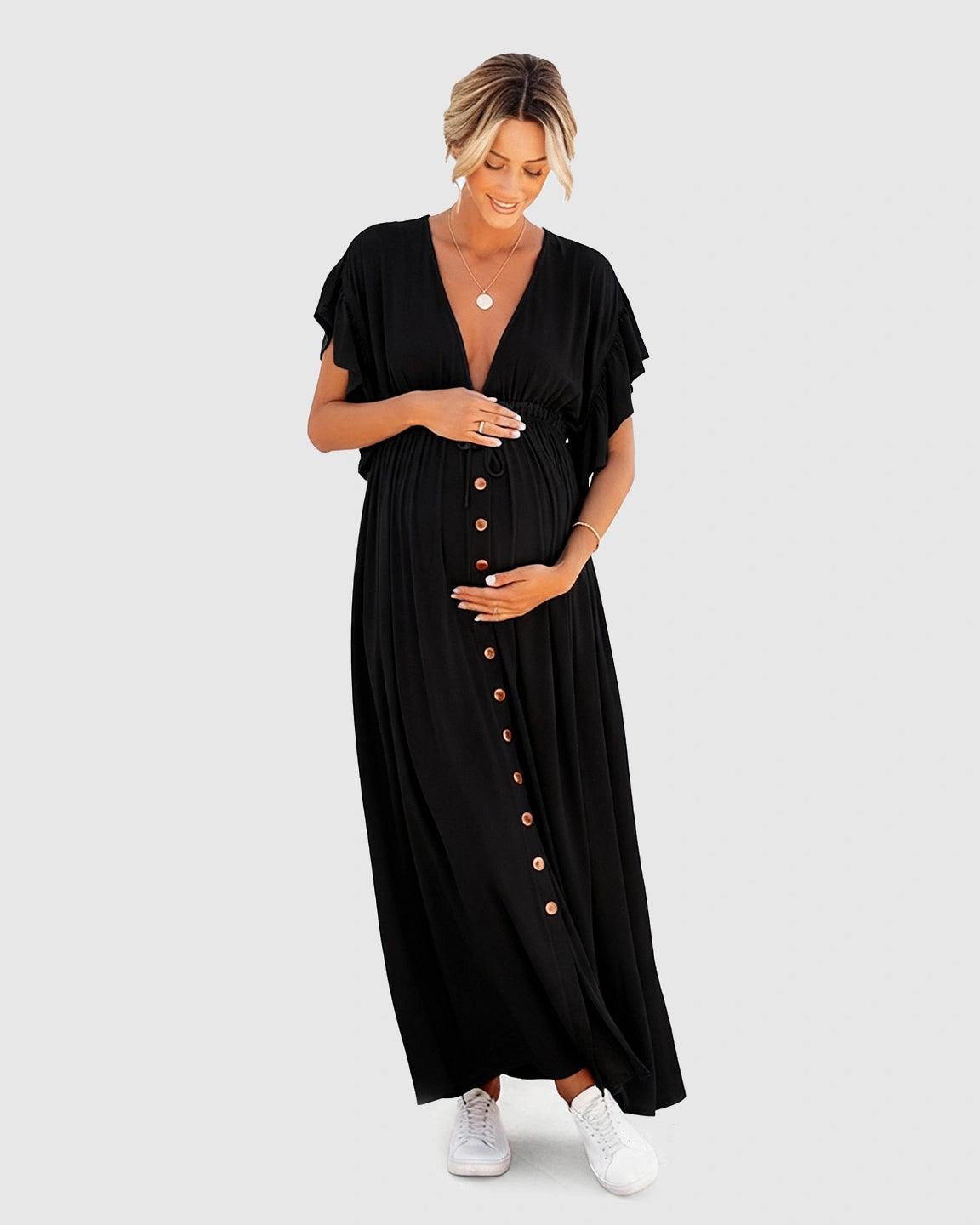 Button-Front Deep V Neck Maxi Beach Cover-Up Dress