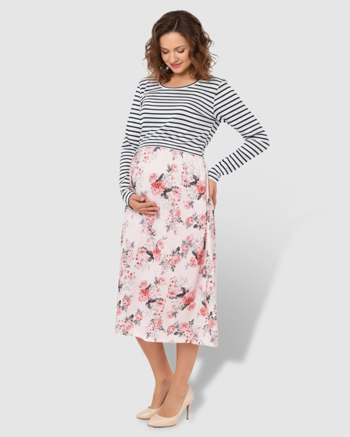 Striped Top Floral Skirt Nursing & Maternity Midi Dress