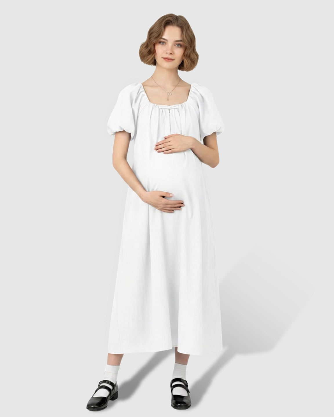 Short Puff Sleeve Casual Maternity Maxi Dress