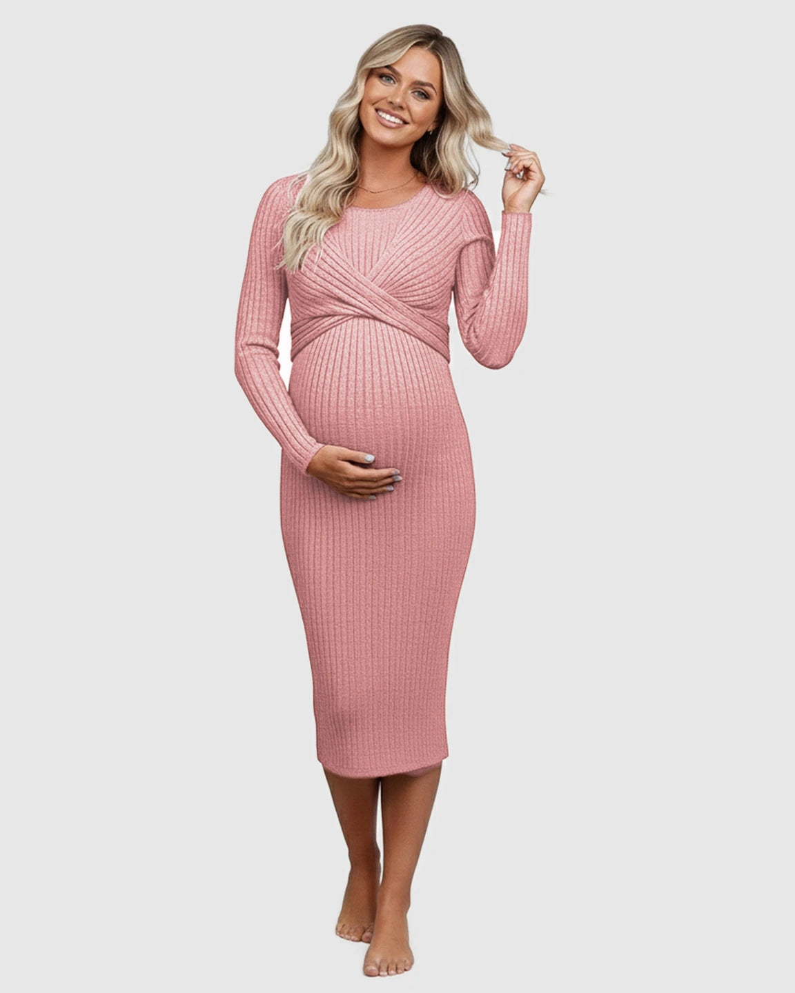 Knot Front Long Sleeve Maternity Midi Dress