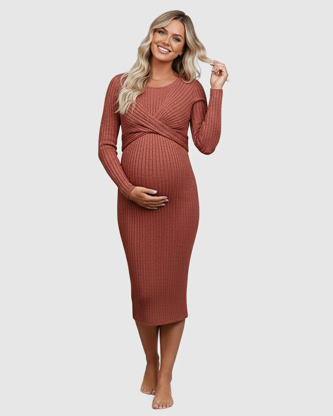 Knot Front Long Sleeve Maternity Midi Dress
