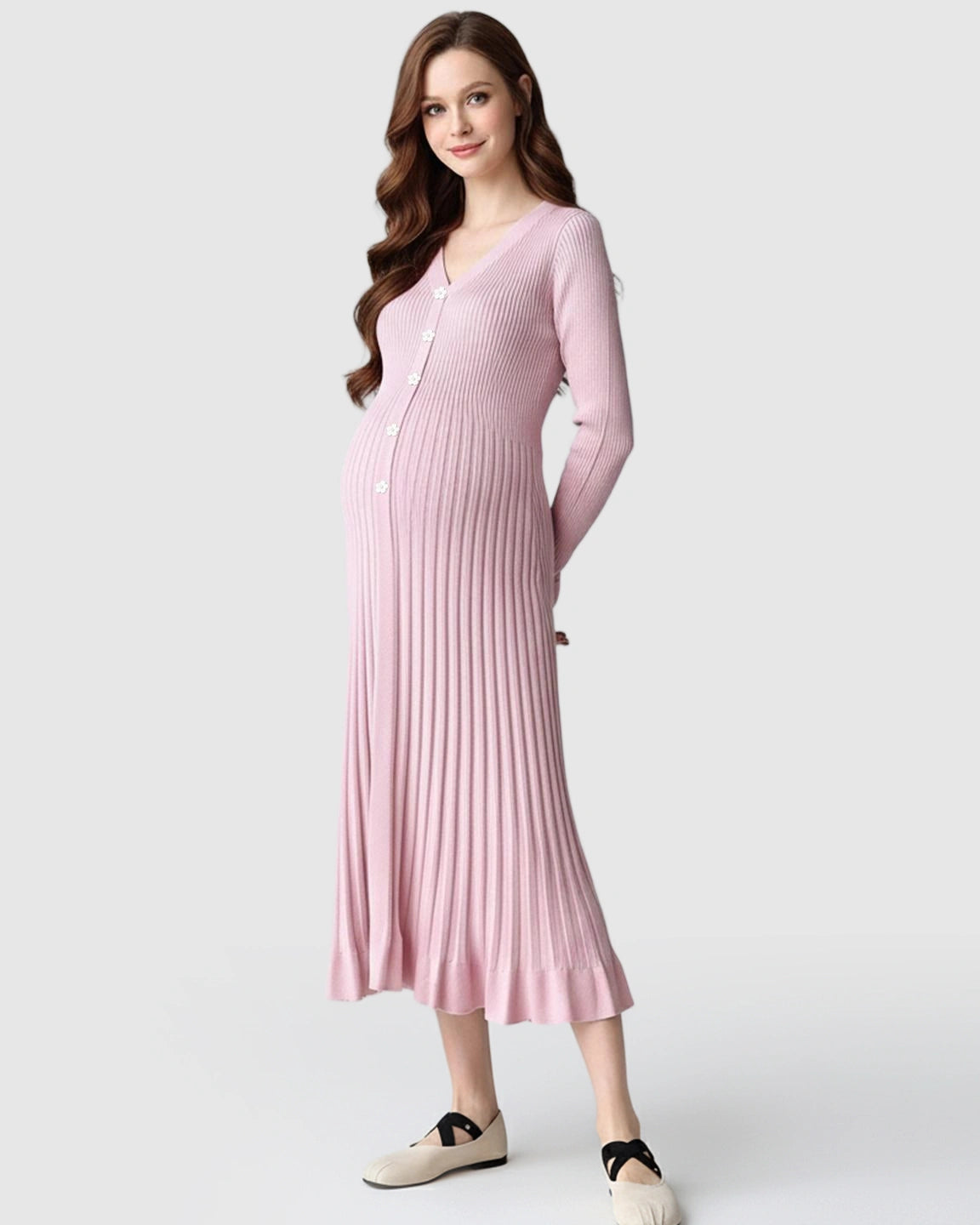Ribbed Knit Long Sleeve Maternity Midi Dress