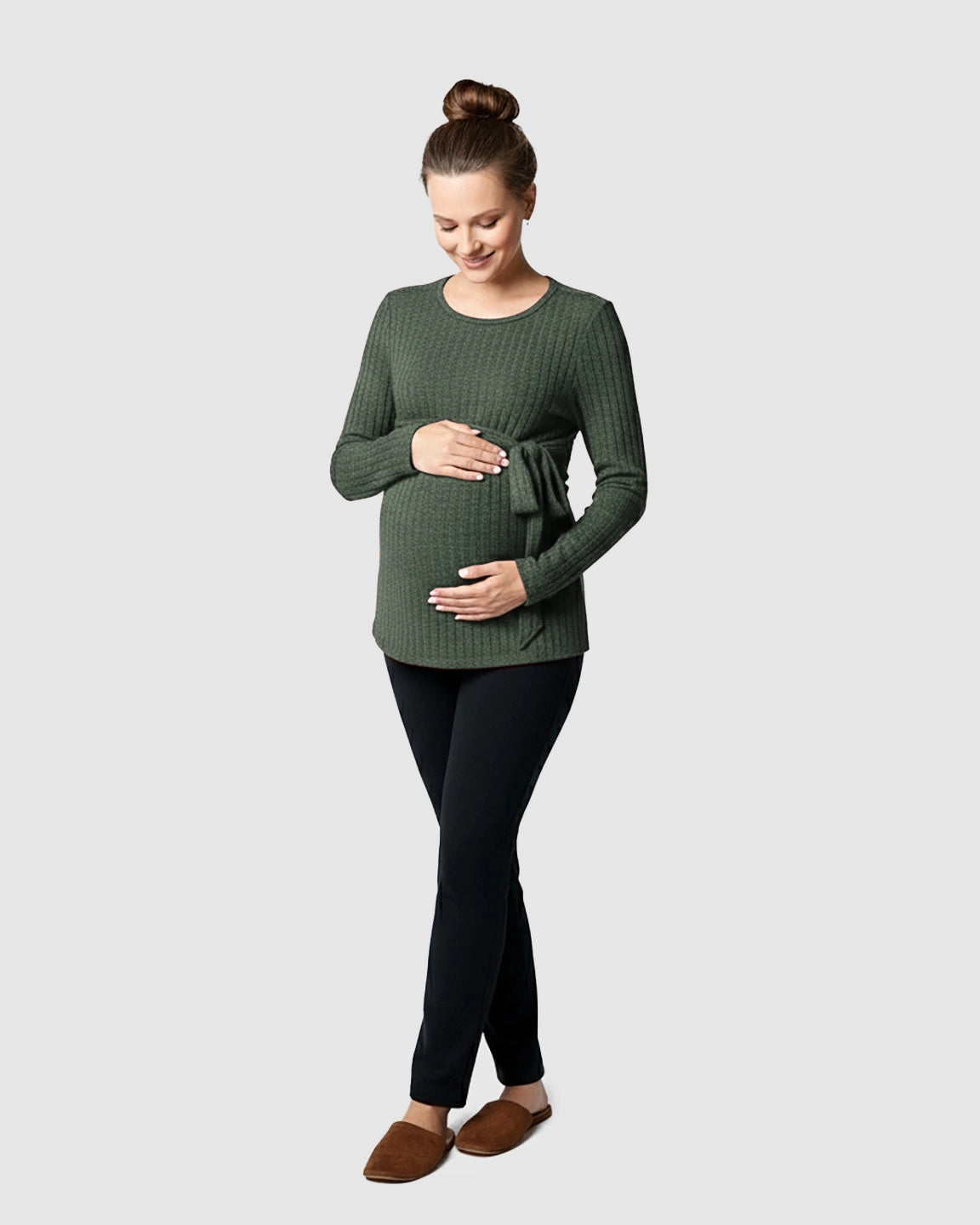 Ribbed Knit Tie-Waist Long Sleeve Maternity Top