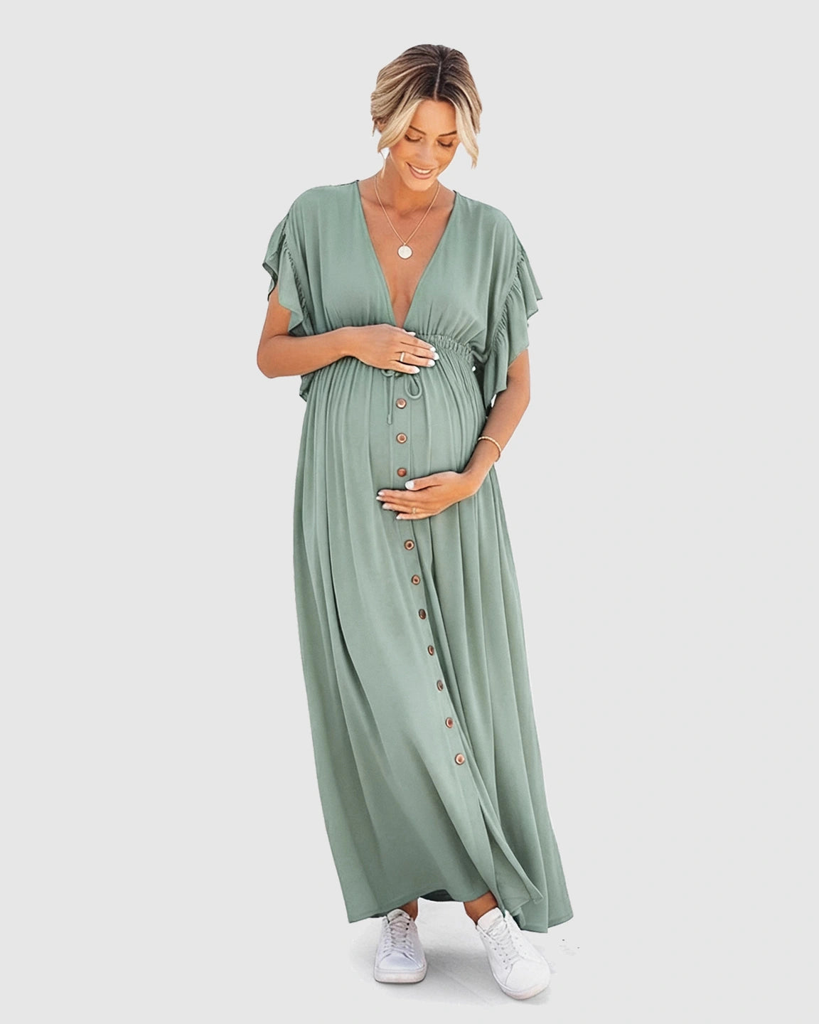 Button-Front Deep V Neck Maxi Beach Cover-Up Dress
