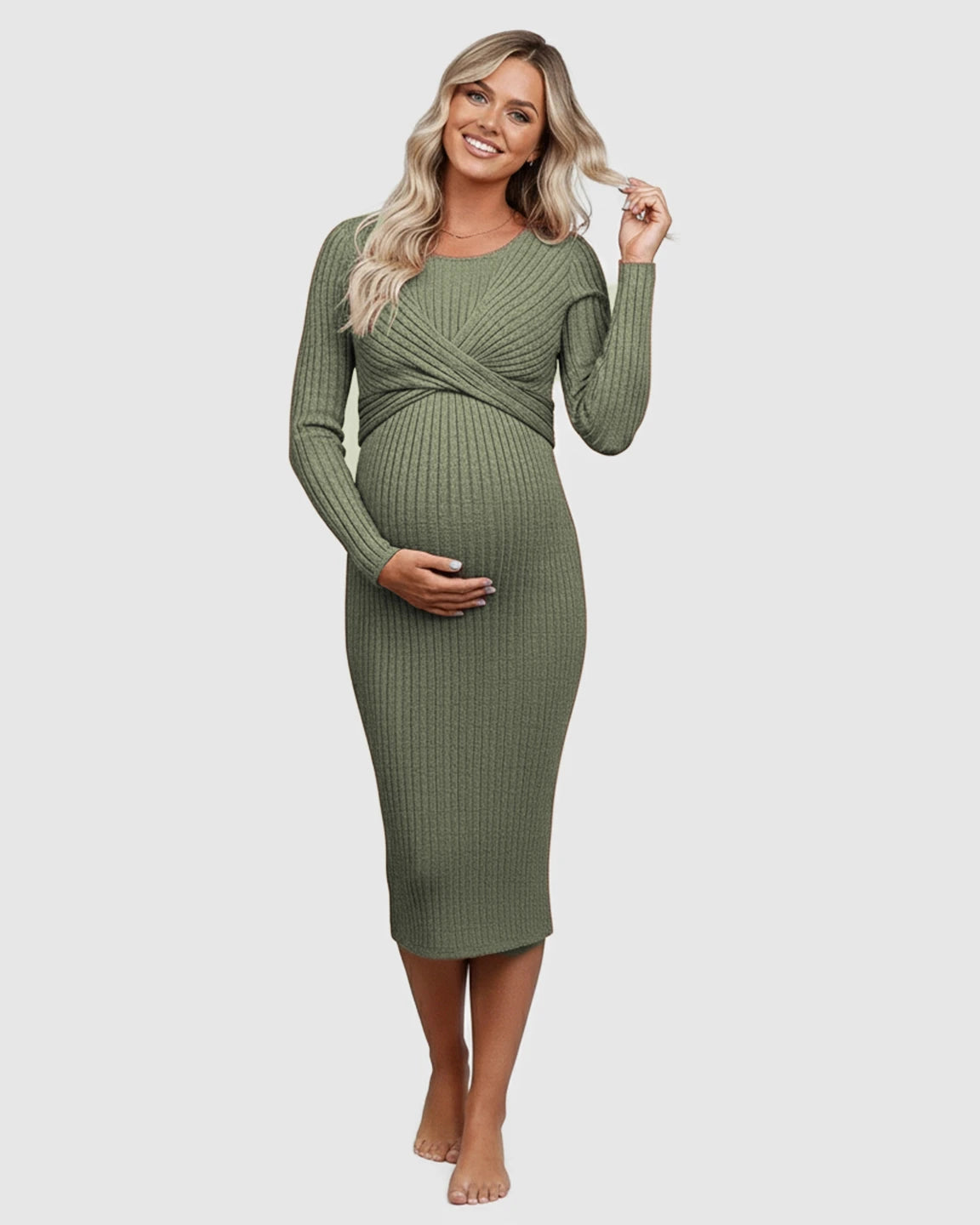 Knot Front Long Sleeve Maternity Midi Dress