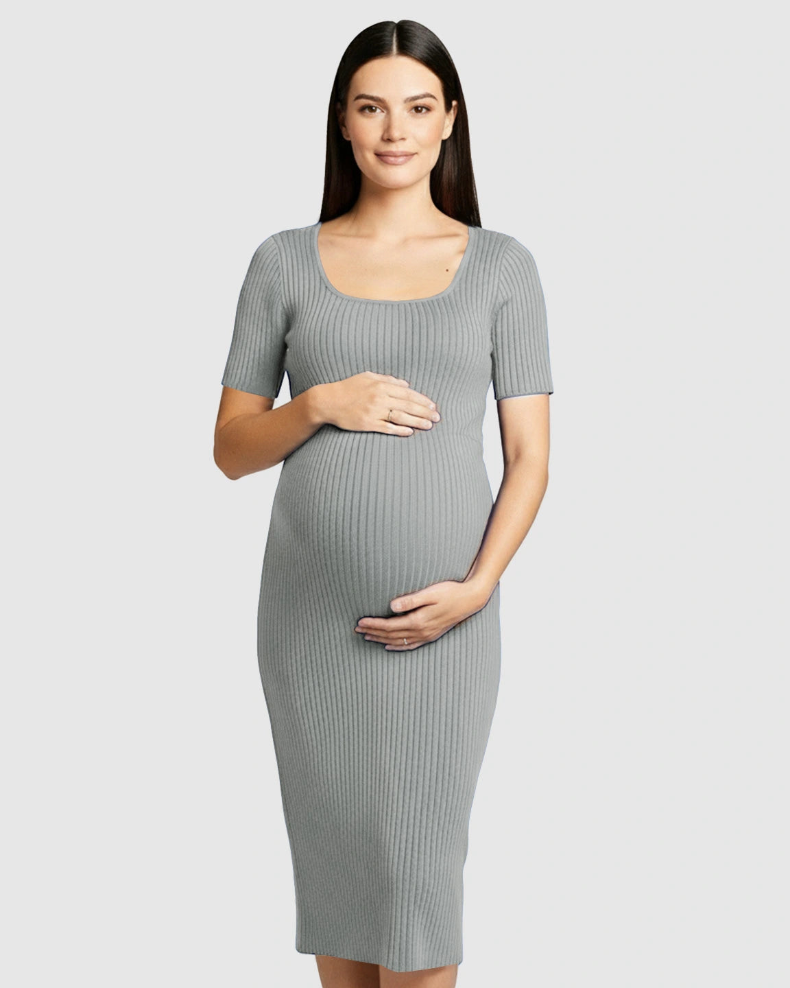 Ribbed Knit Square Neck Bodycon Maternity Midi Dress