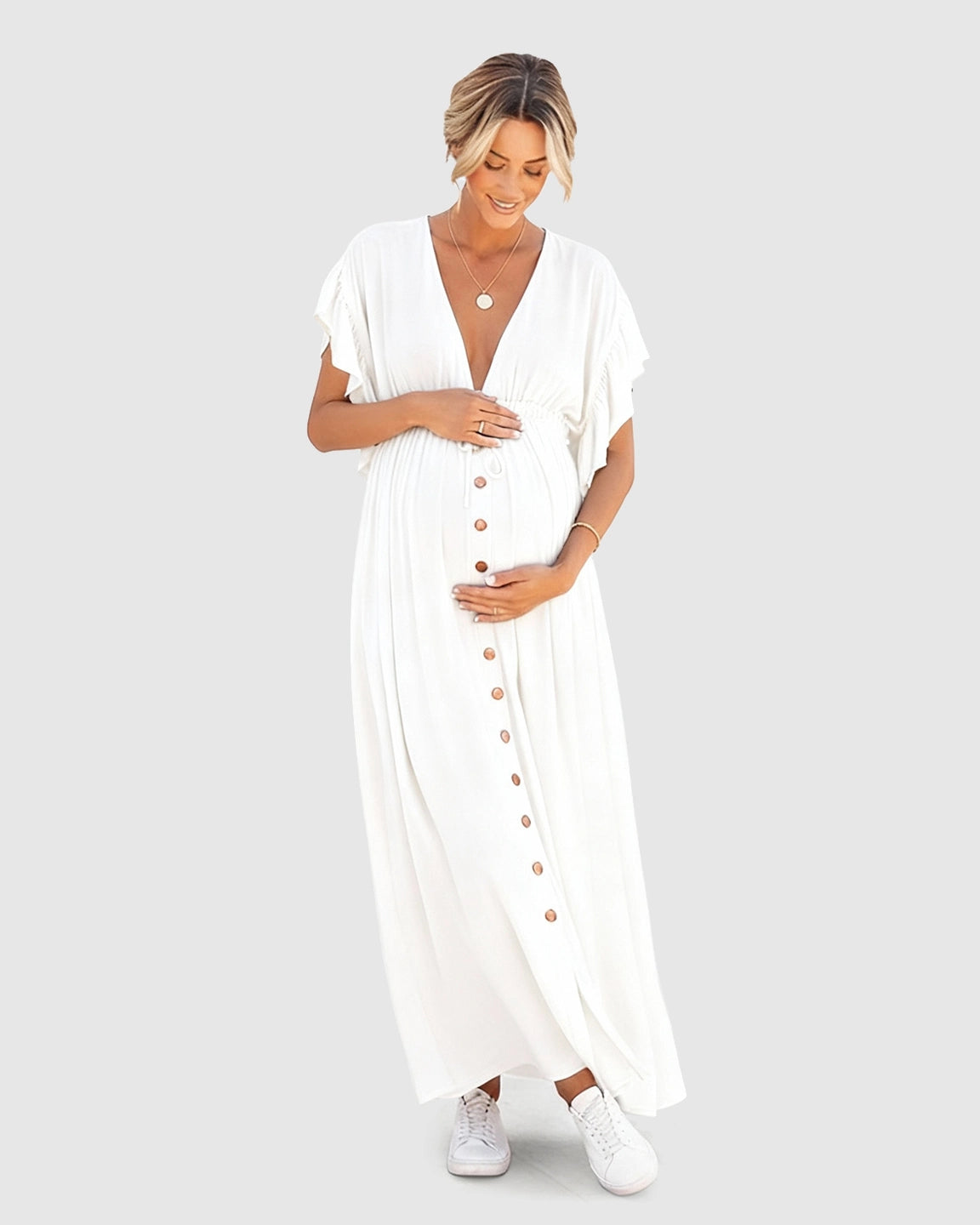 Button-Front Deep V Neck Maxi Beach Cover-Up Dress